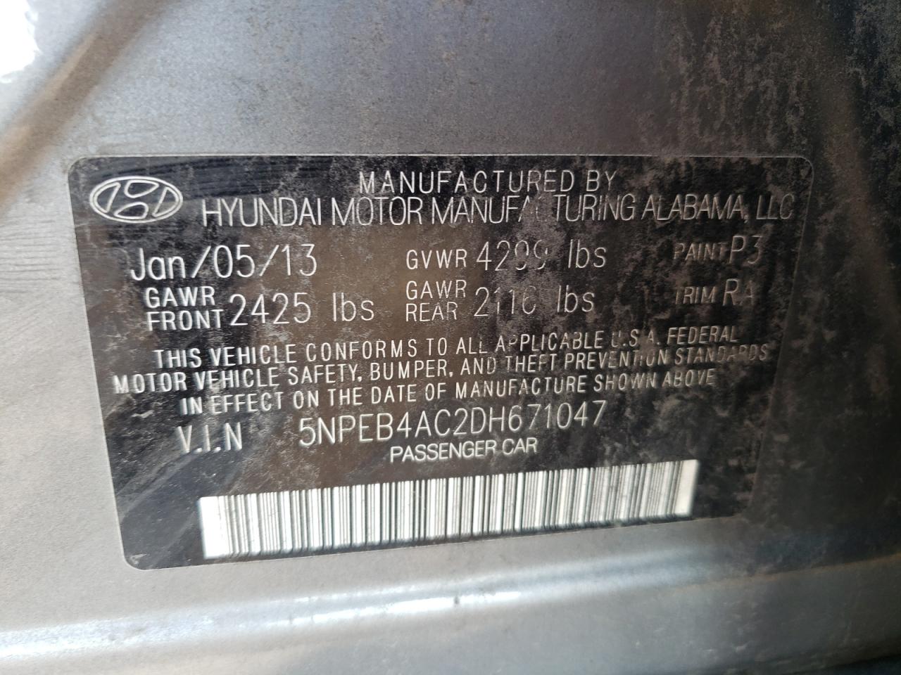 2013 Hyundai Sonata Gls VIN: 5NPEB4AC2DH671047 Lot: 64129815