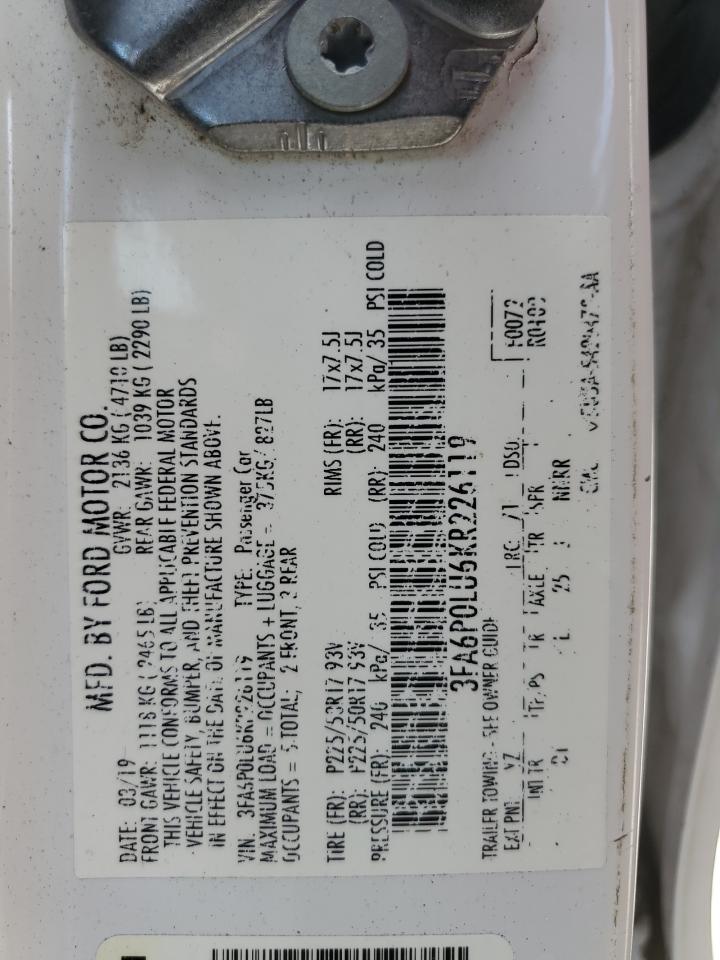 2019 Ford Fusion Se VIN: 3FA6P0LU6KR226119 Lot: 65237615