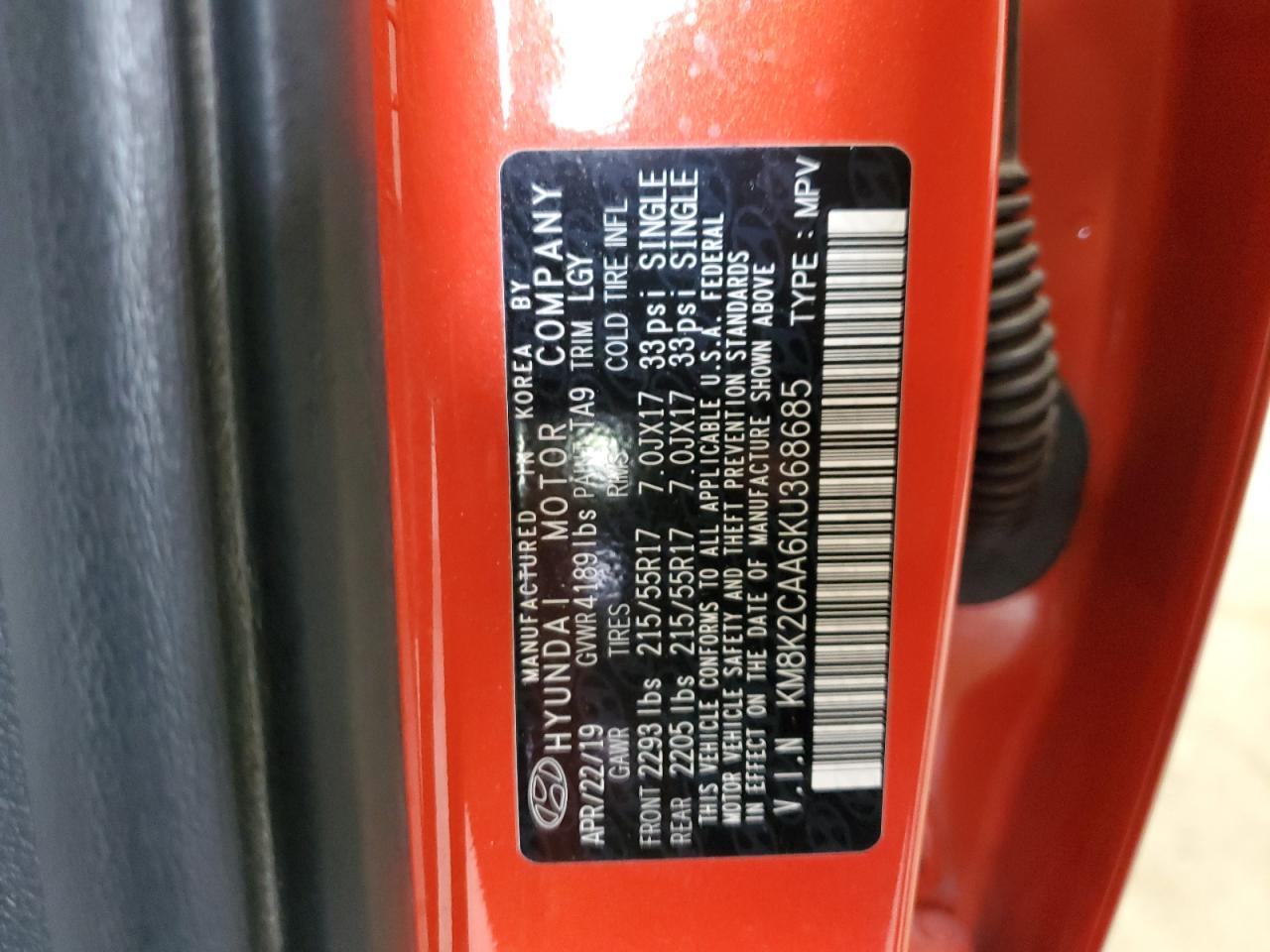 2019 Hyundai Kona Sel VIN: KM8K2CAA6KU368685 Lot: 64020365