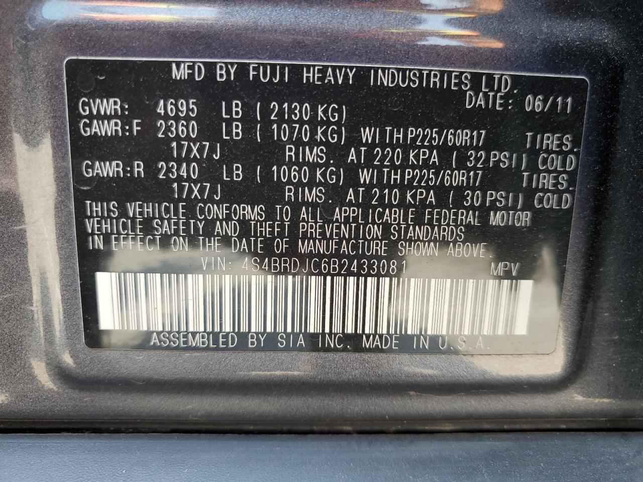 2011 Subaru Outback 3.6R Limited VIN: 4S4BRDJC6B2433081 Lot: 64647345