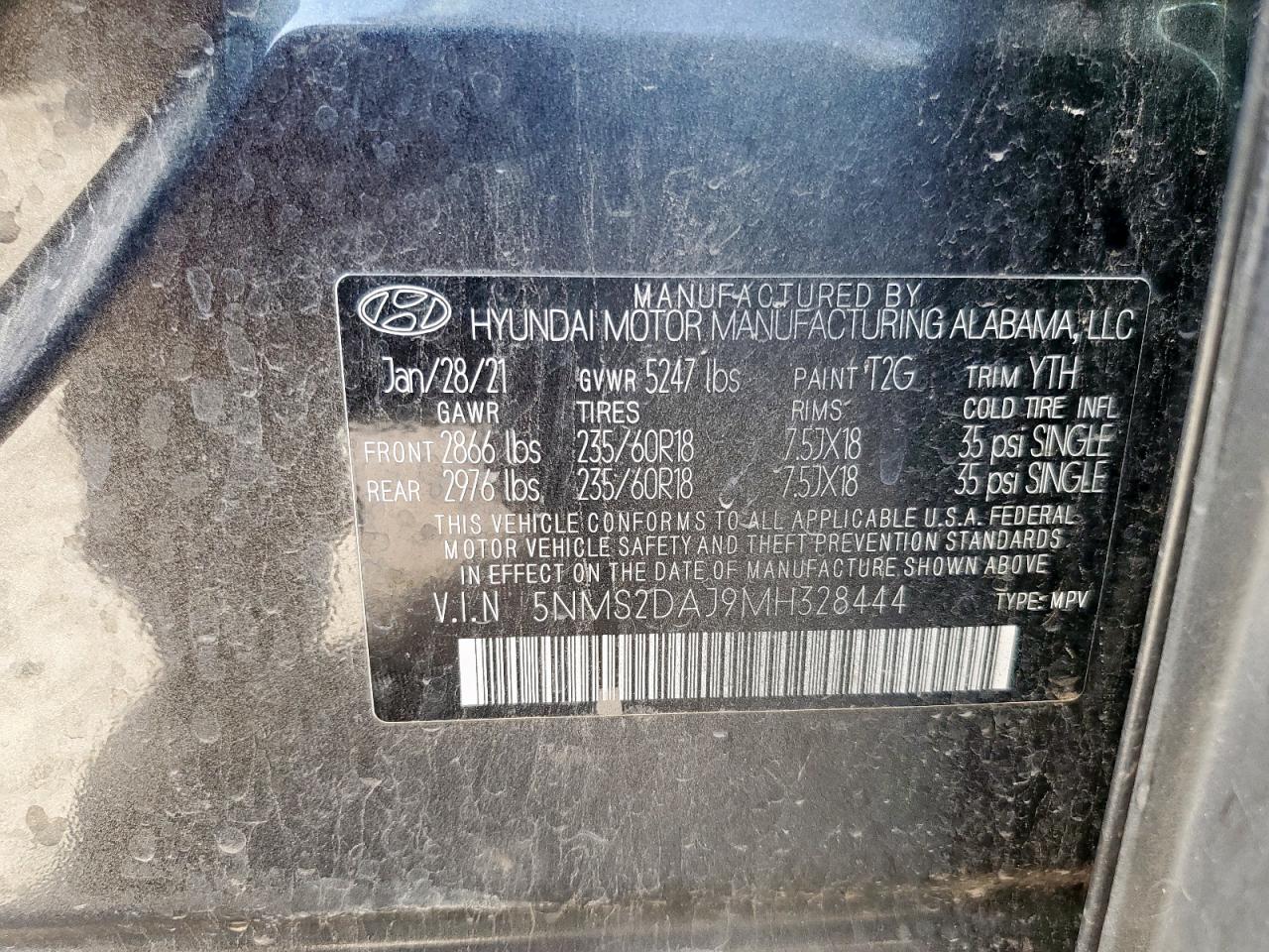 2021 Hyundai Santa Fe Sel VIN: 5NMS2DAJ9MH328444 Lot: 62589875