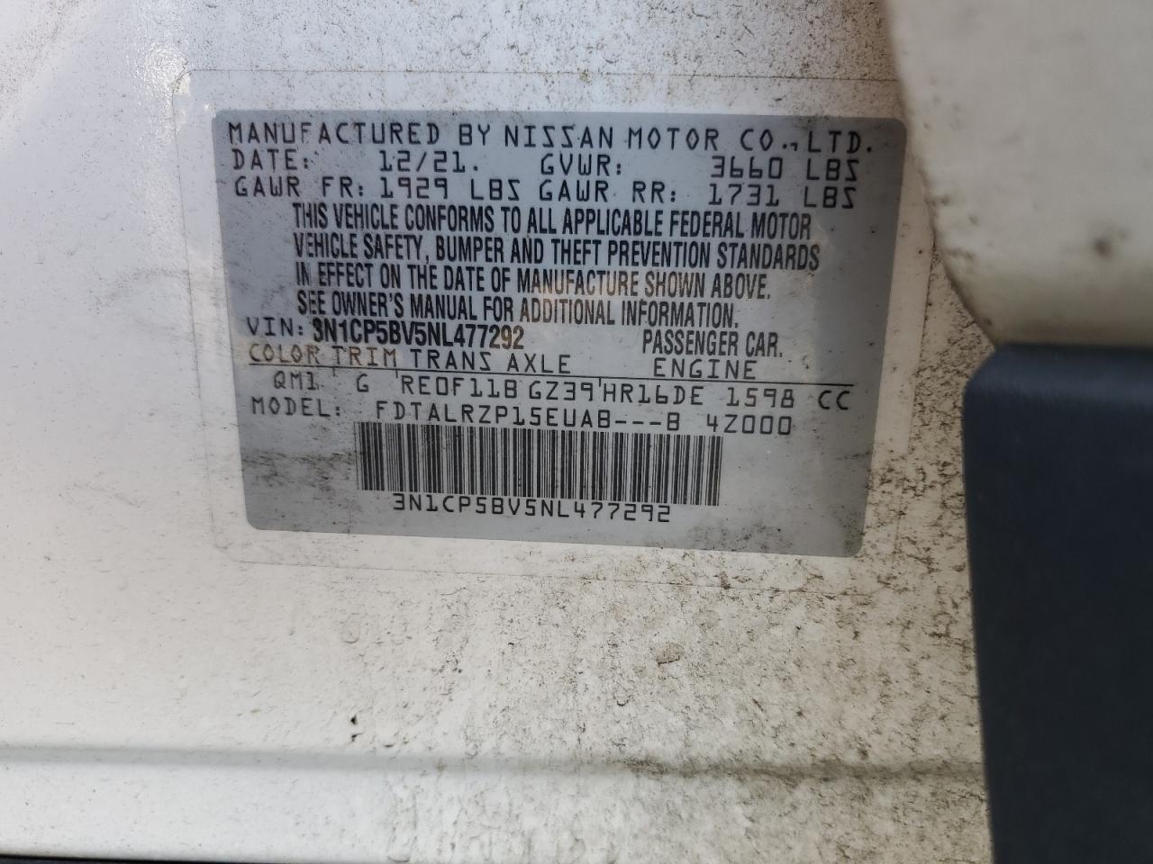 2022 Nissan Kicks S VIN: 3N1CP5BV5NL477292 Lot: 67221675