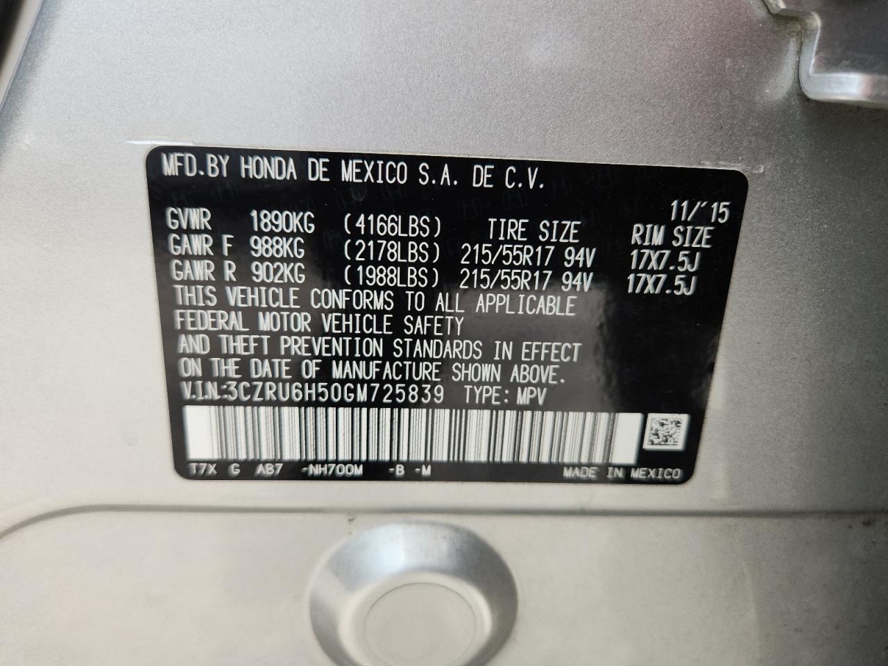 2016 Honda Hr-V Ex VIN: 3CZRU6H50GM725839 Lot: 62774315