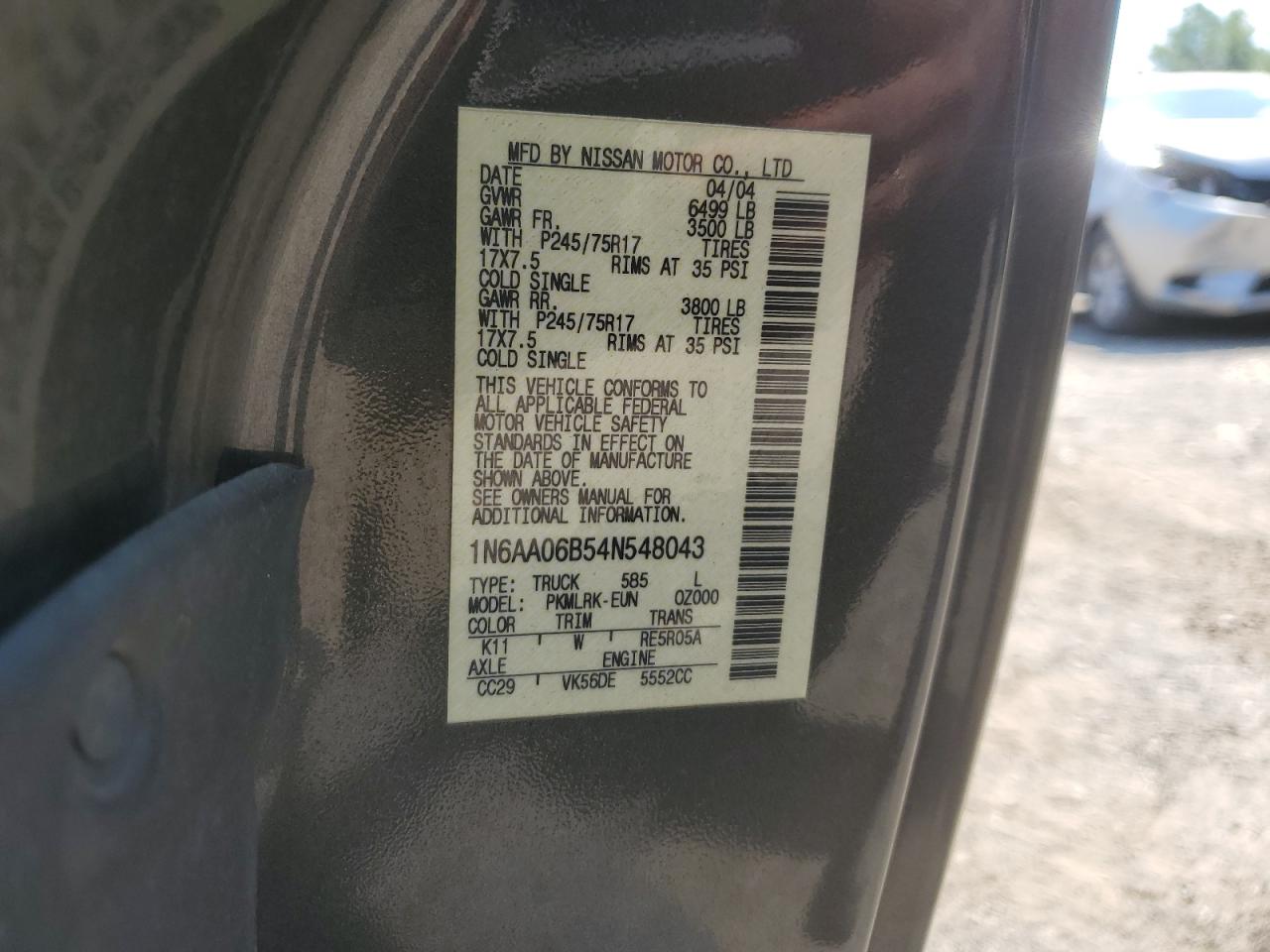 2004 Nissan Titan Xe VIN: 1N6AA06B54N548043 Lot: 63547165