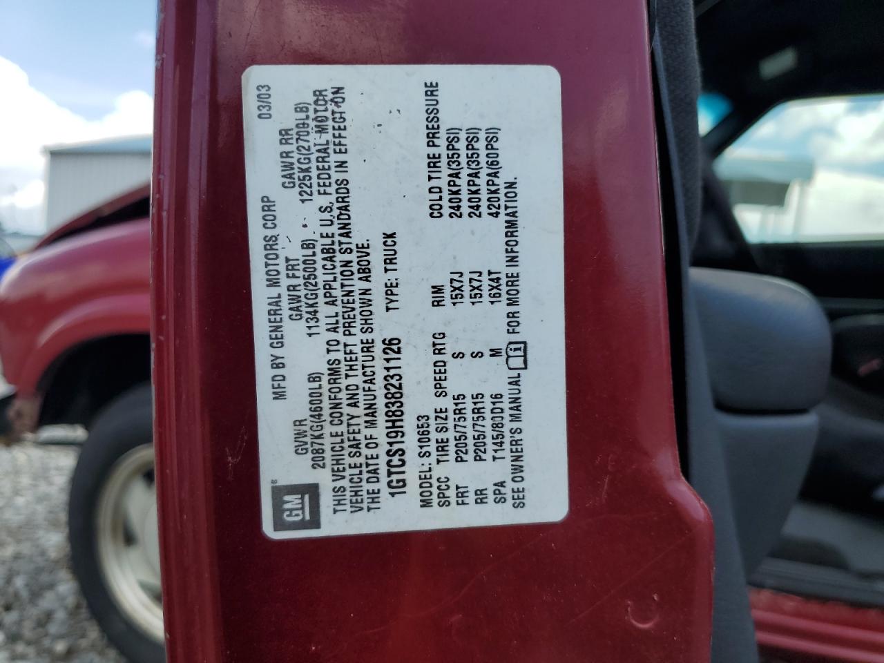 2003 GMC Sonoma VIN: 1GTCS19H838231126 Lot: 63294775