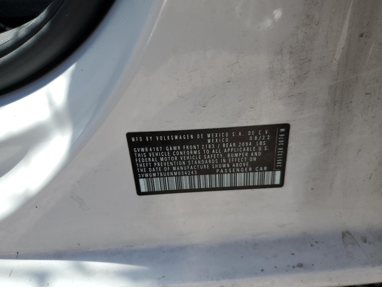 2022 Volkswagen Jetta Sel VIN: 3VWGM7BU0NM034243 Lot: 64821695