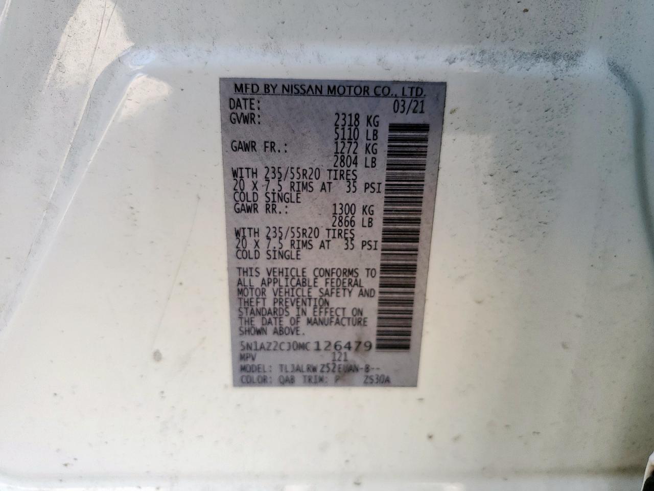 2021 Nissan Murano Sl VIN: 5N1AZ2CJ0MC126479 Lot: 62901095