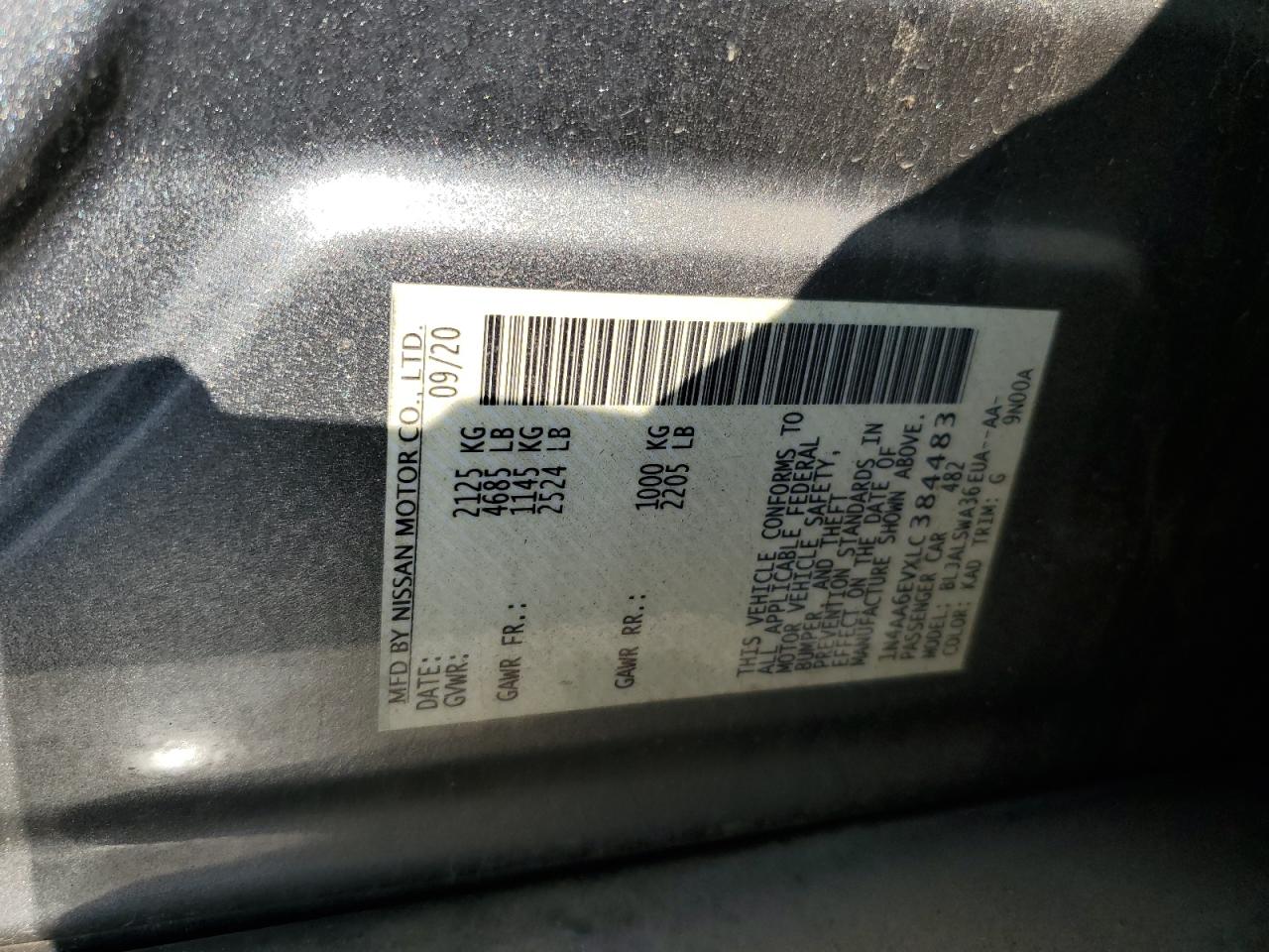 2020 Nissan Maxima Sr VIN: 1N4AA6EVXLC384483 Lot: 63394155