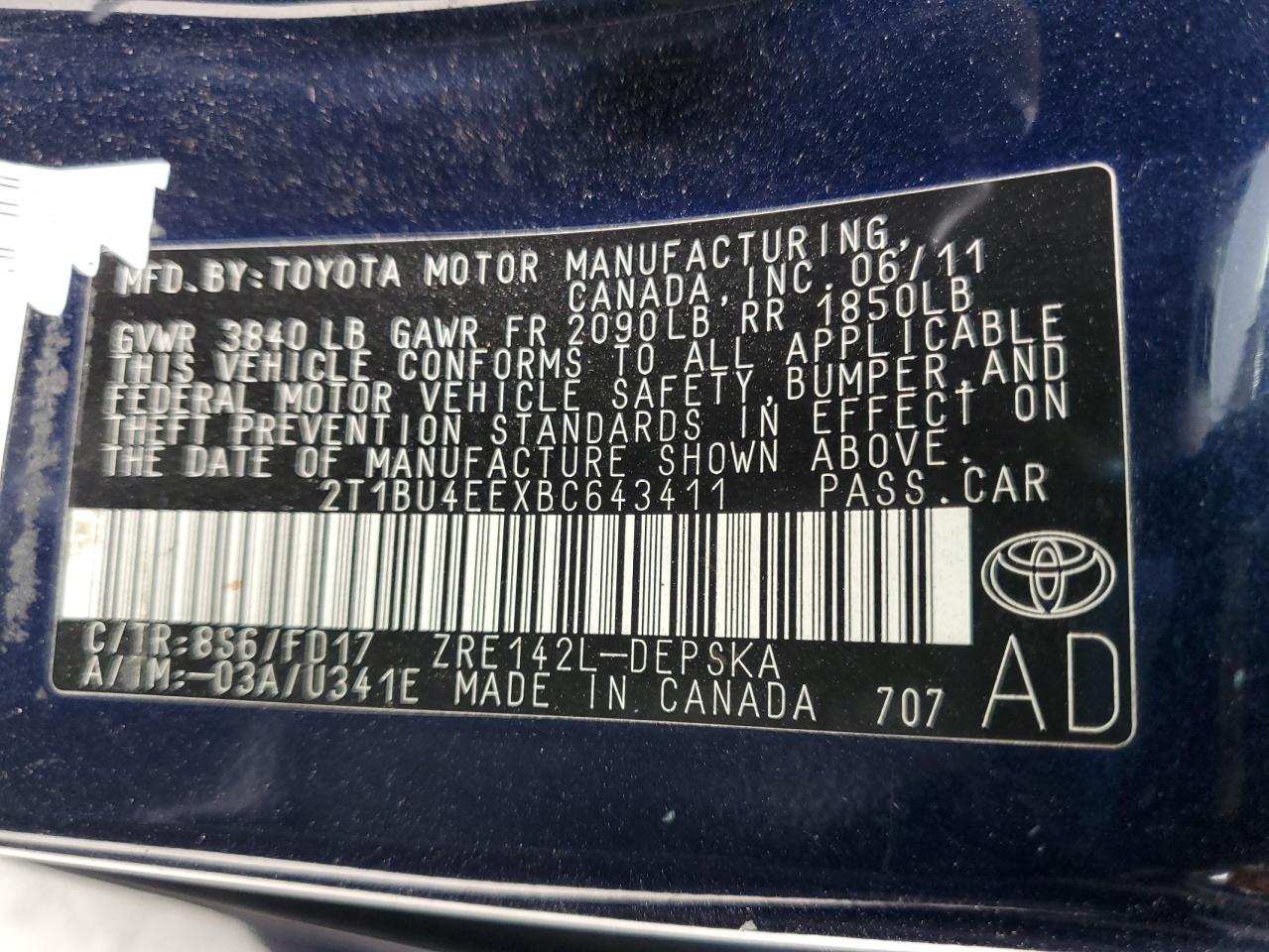 2011 Toyota Corolla Base VIN: 2T1BU4EEXBC643411 Lot: 64294615