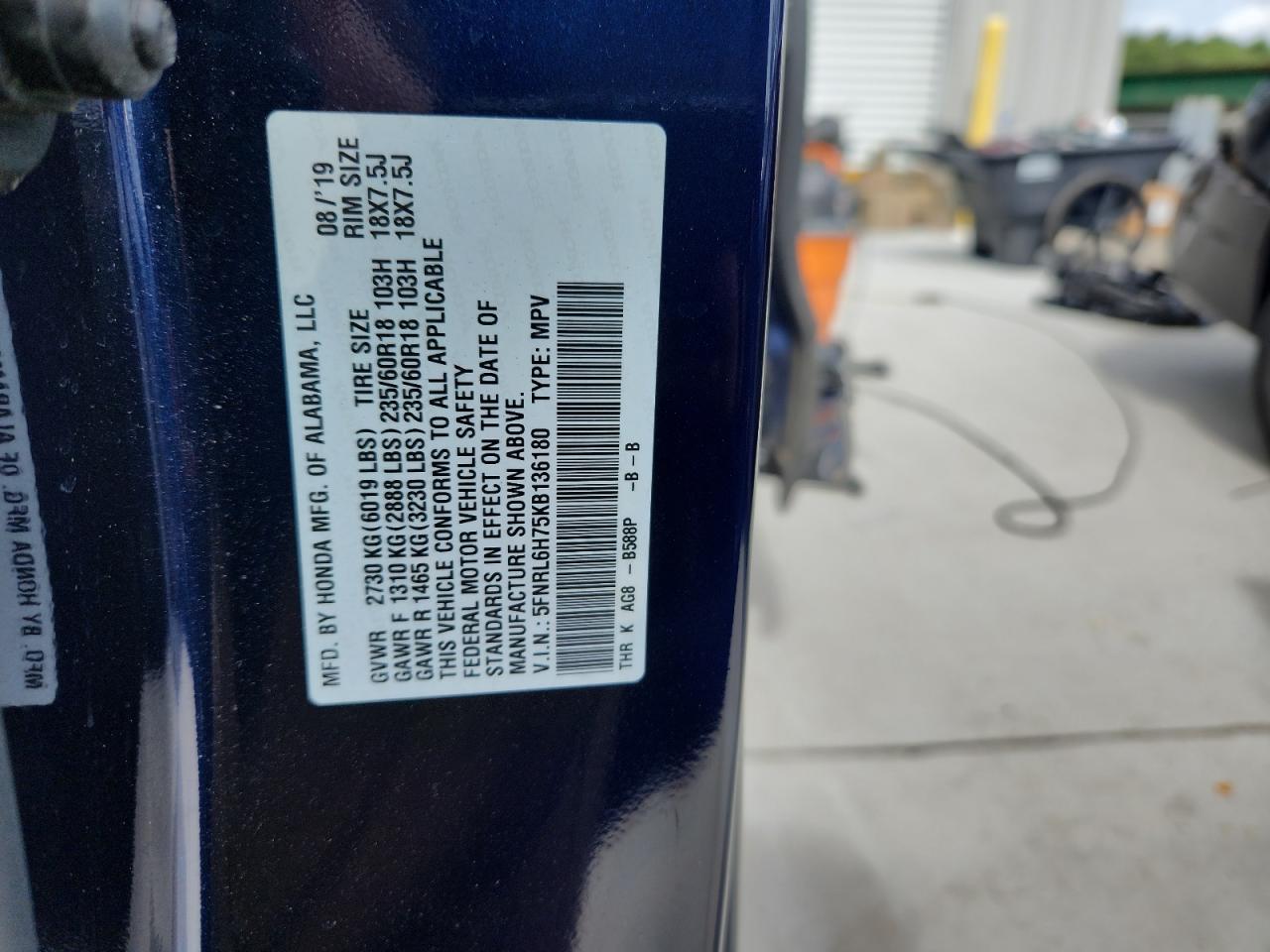5FNRL6H75KB136180 HONDA All Models 2019