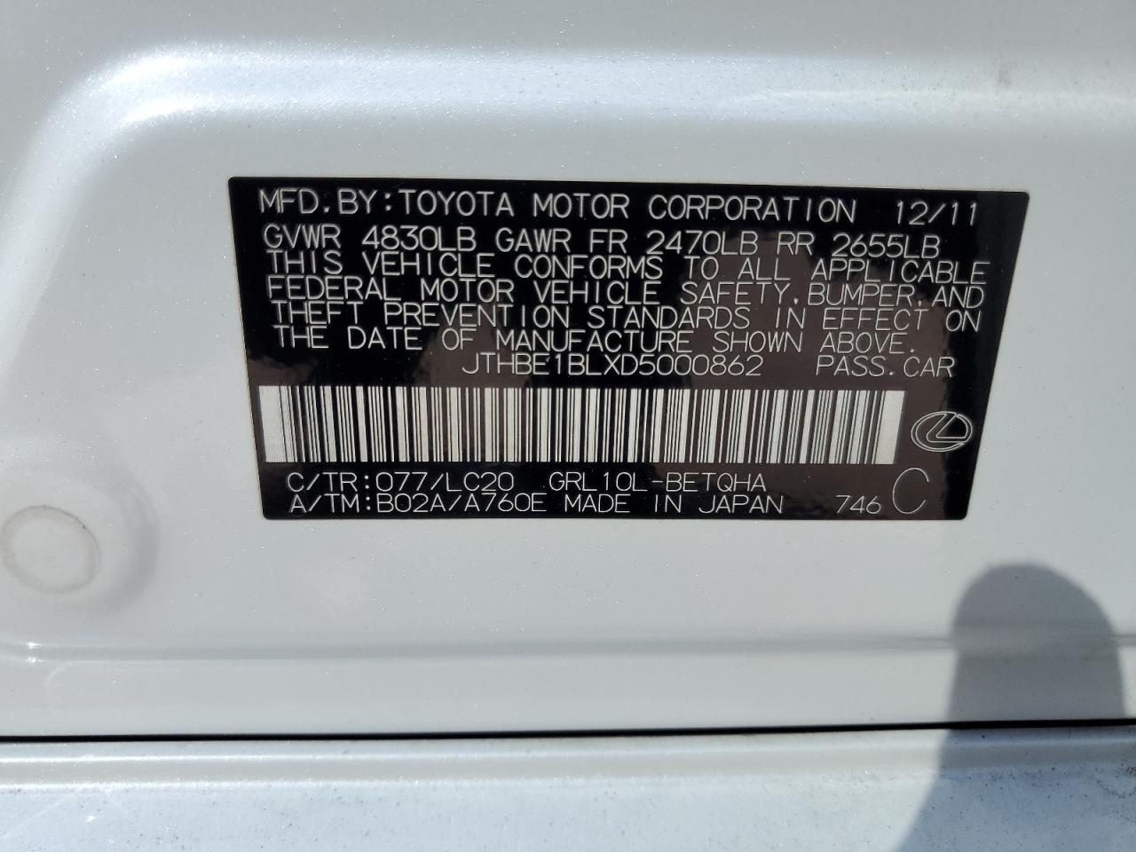 2013 Lexus Gs 350 VIN: JTHBE1BLXD5000862 Lot: 65290005