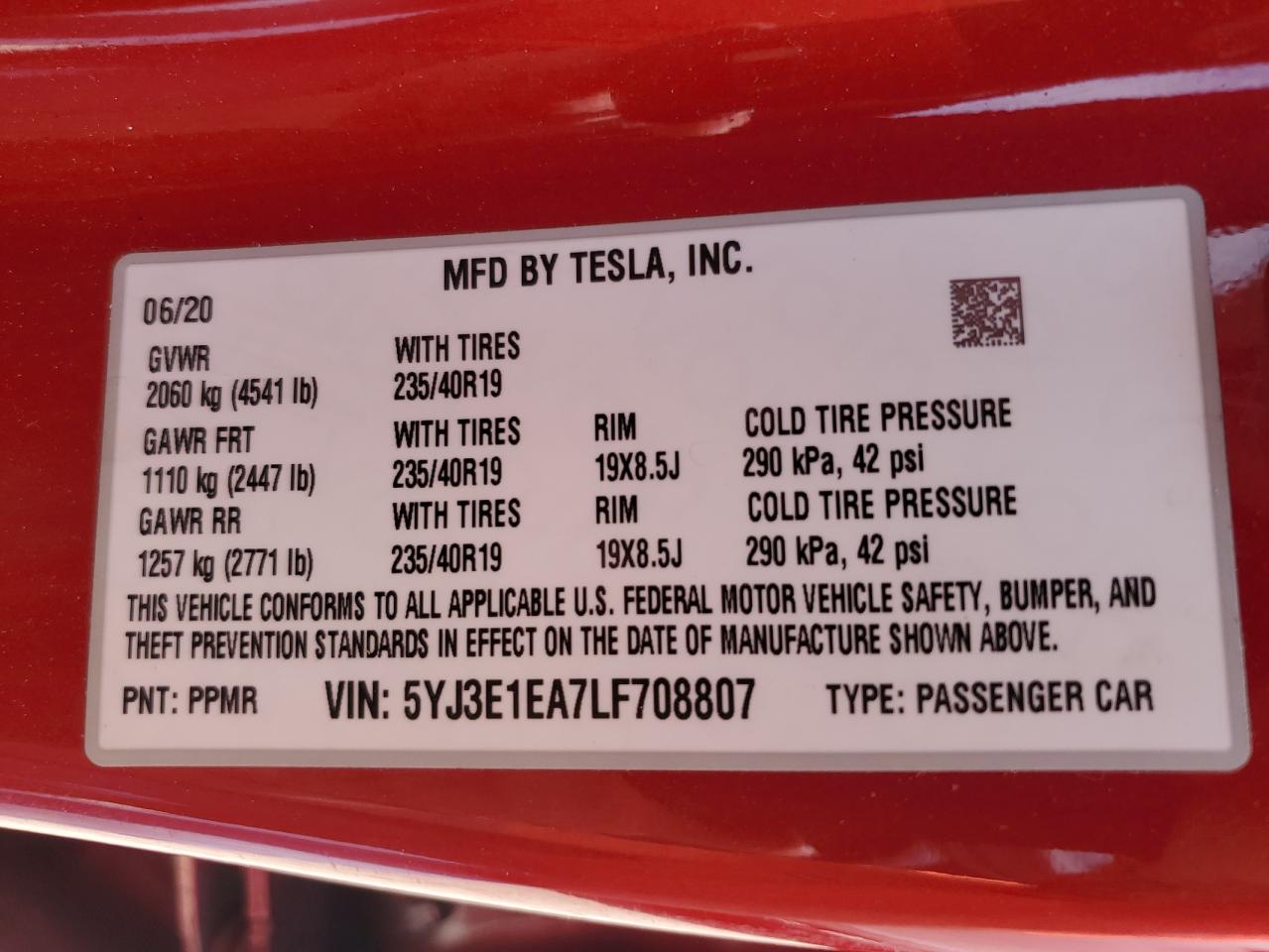 2020 Tesla Model 3 VIN: 5YJ3E1EA7LF708807 Lot: 63409365