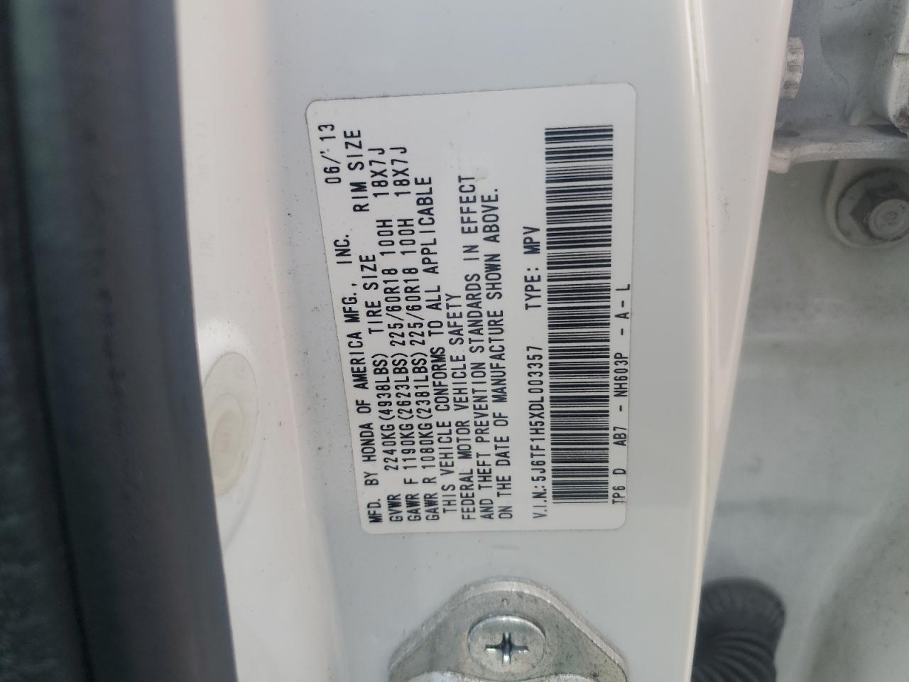 2013 Honda Crosstour Exl VIN: 5J6TF1H5XDL003357 Lot: 66638035