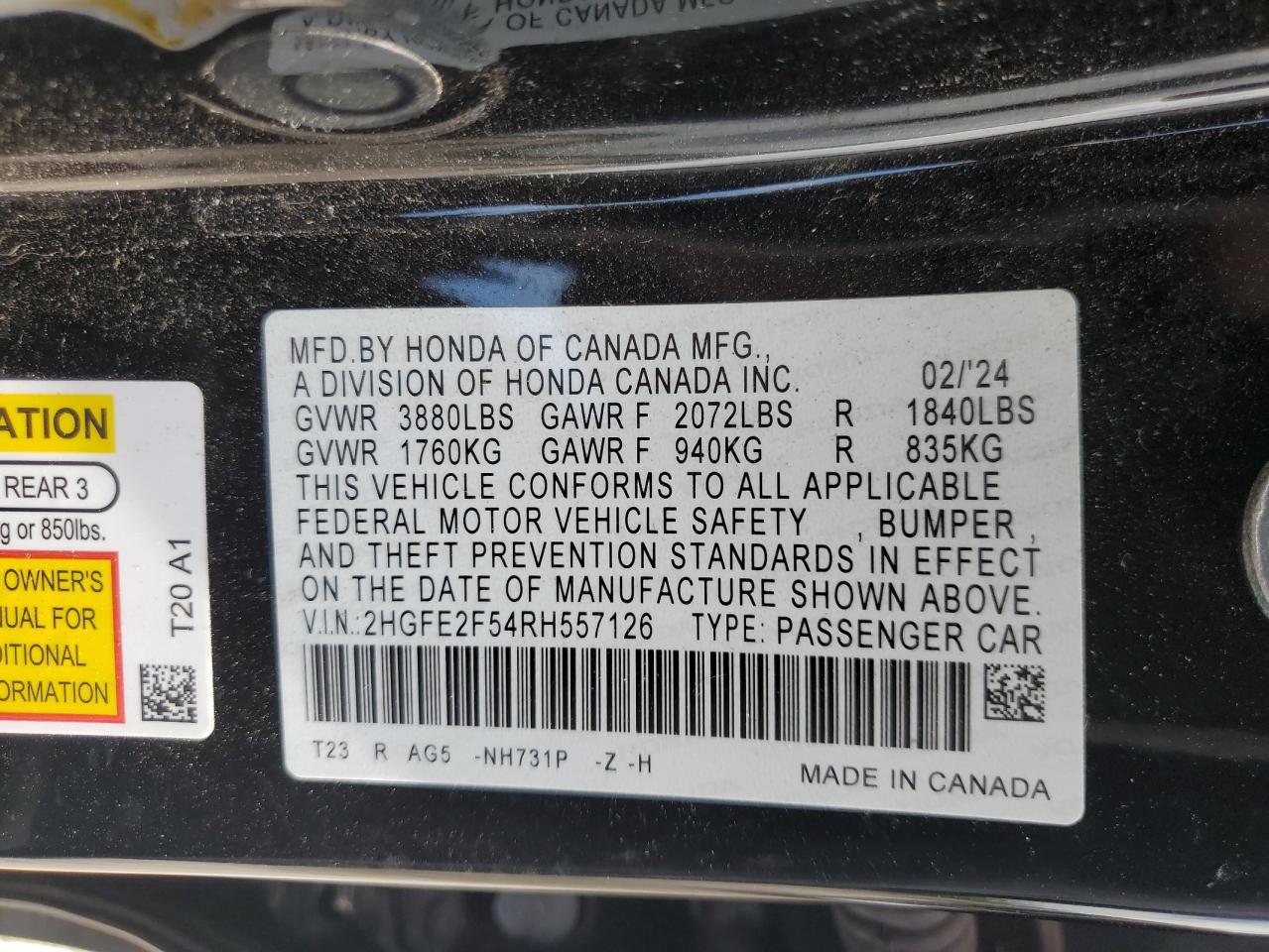 2024 Honda Civic Sport VIN: 2HGFE2F54RH557126 Lot: 66372595