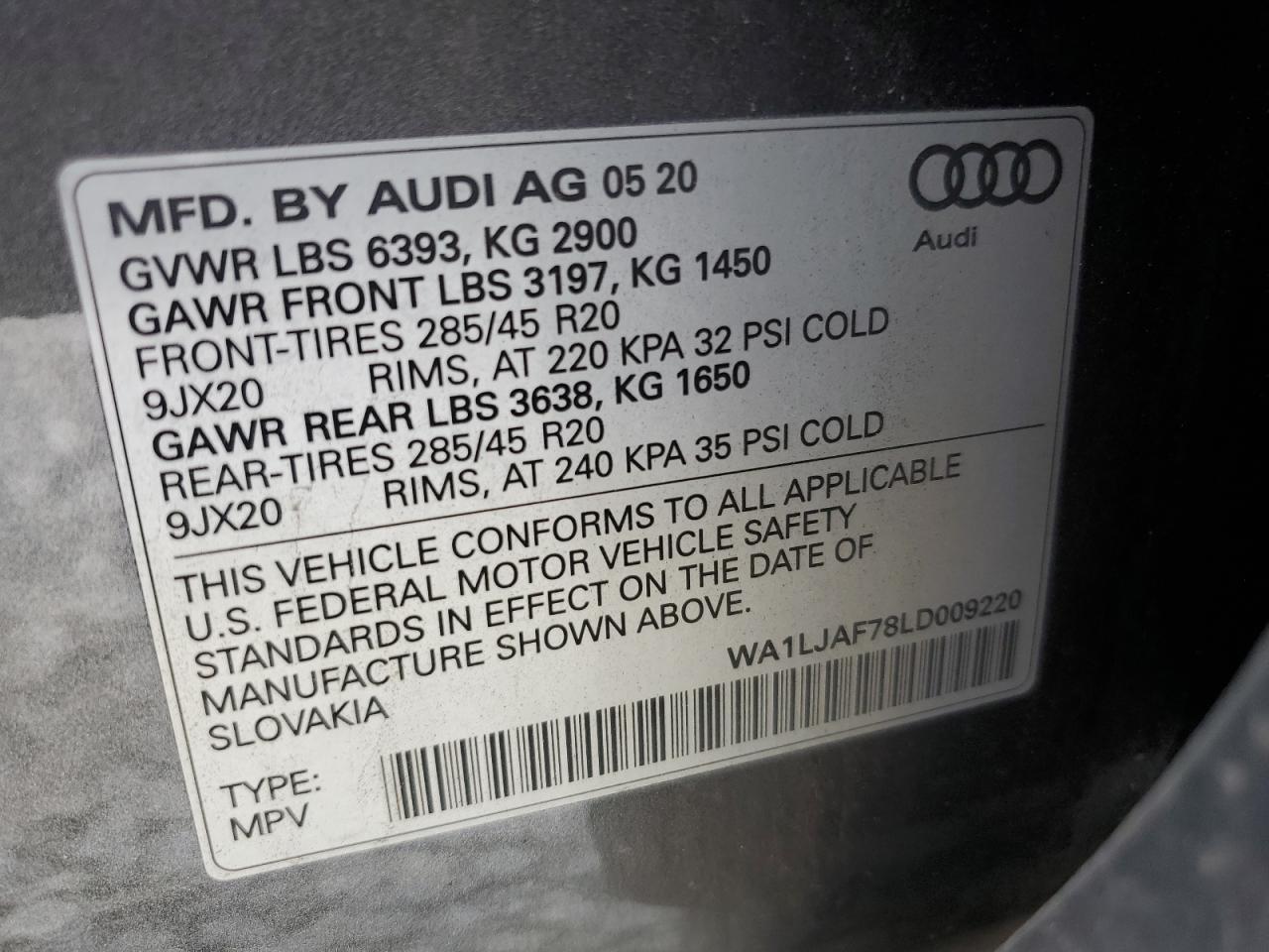 2020 Audi Q7 Premium Plus VIN: WA1LJAF78LD009220 Lot: 64813815