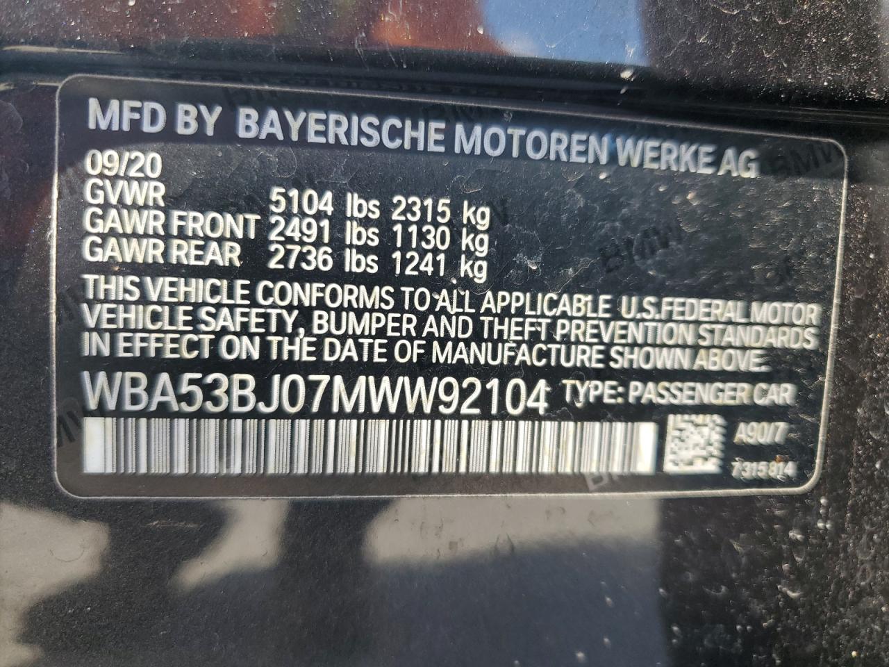 2021 BMW 540 I VIN: WBA53BJ07MWW92104 Lot: 63734325