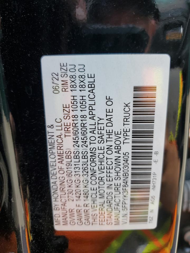 2022 Honda Ridgeline Black Edition VIN: 5FPYK3F84NB030405 Lot: 64778535