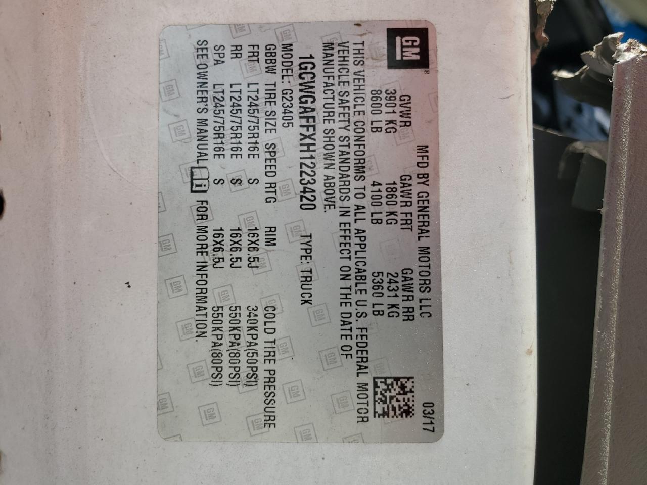 2017 Chevrolet Express G2500 VIN: 1GCWGAFFXH1223420 Lot: 64440575