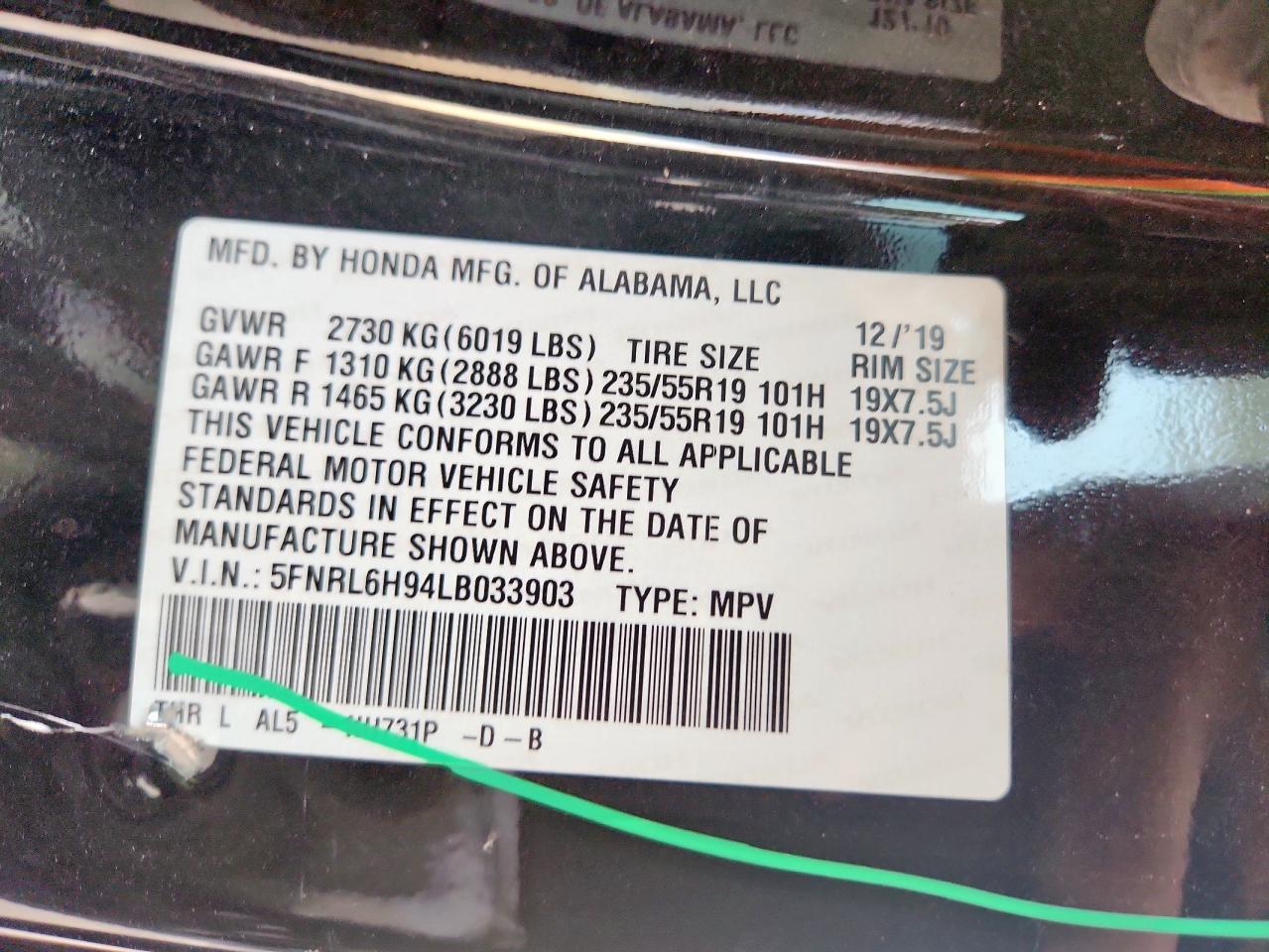 2020 Honda Odyssey Elite VIN: 5FNRL6H94LB033903 Lot: 65235645
