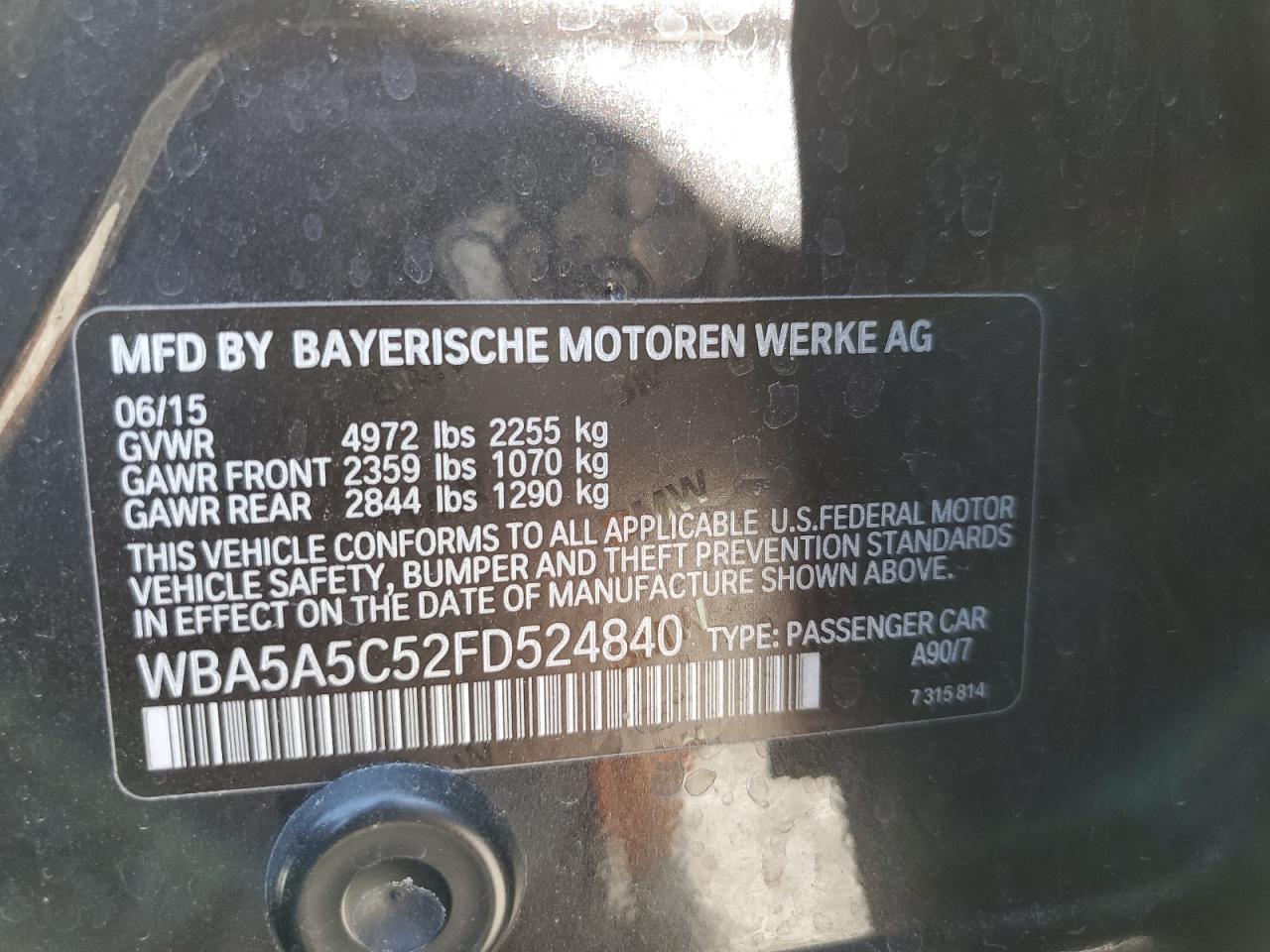 2015 BMW 528 I VIN: WBA5A5C52FD524840 Lot: 64687565