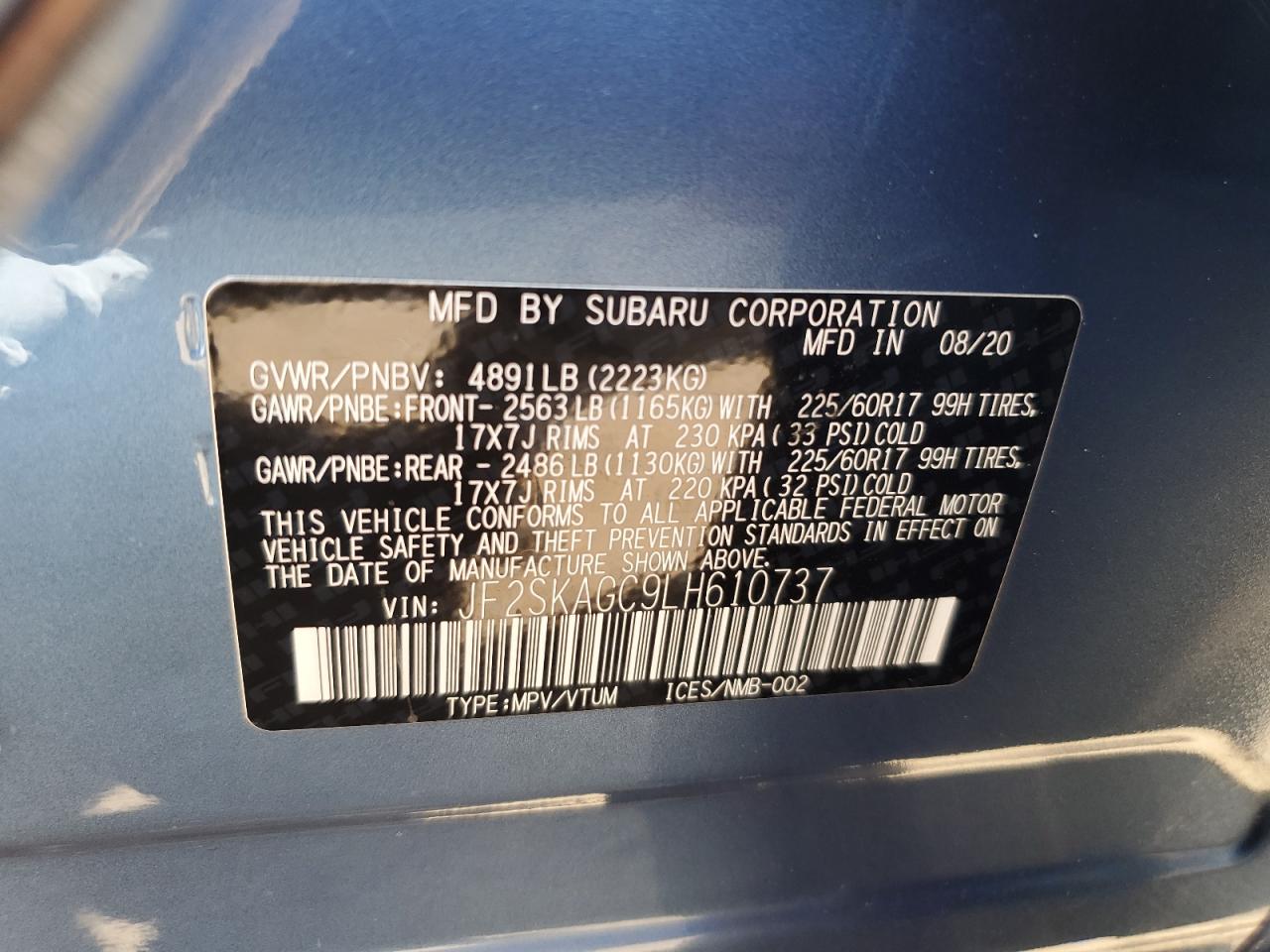 2020 Subaru Forester Premium VIN: JF2SKAGC9LH610737 Lot: 63065375