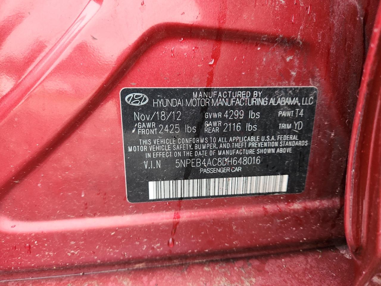 2013 Hyundai Sonata Gls VIN: 5NPEB4AC8DH648016 Lot: 64716405