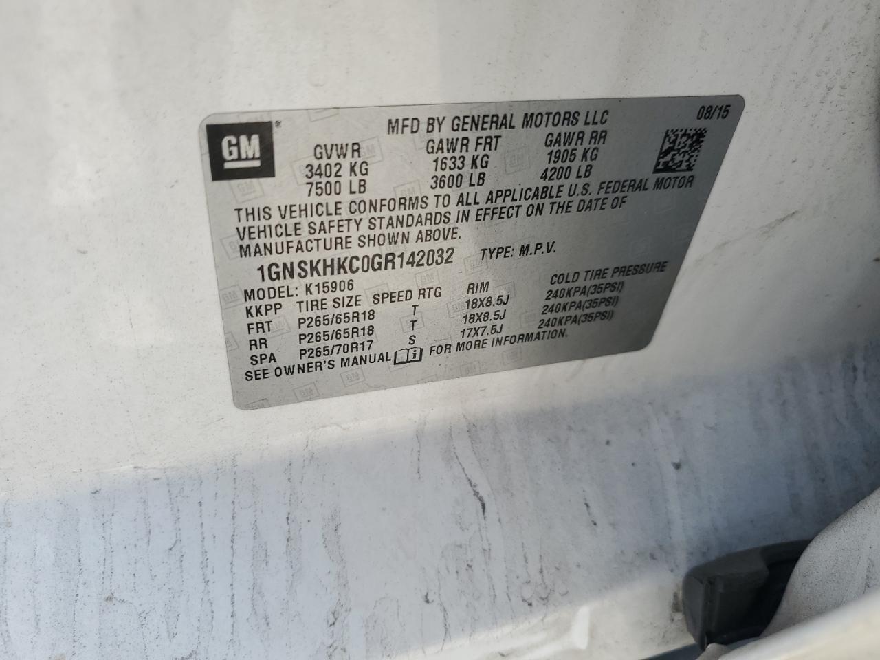 1gnskhkc0gr142032 1GNSKHKC0GR142032 2016 Chevrolet Suburban K1500 Lt