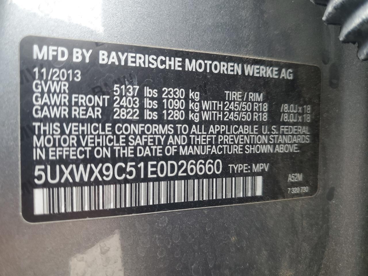 2014 BMW X3 xDrive28I VIN: 5UXWX9C51E0D26660 Lot: 64684225