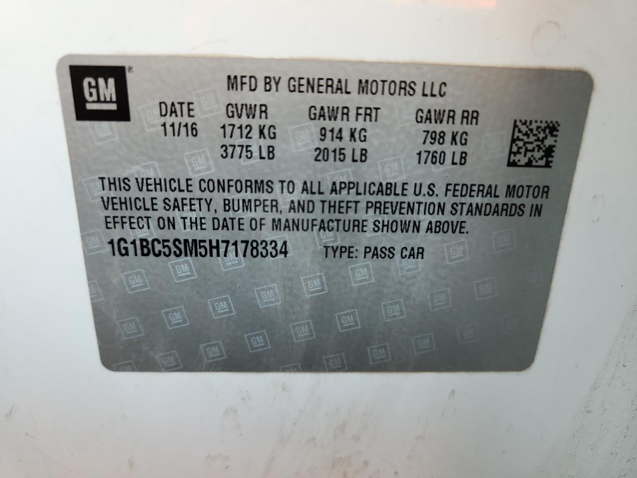 2017 Chevrolet Cruze Ls VIN: 1G1BC5SM5H7178334 Lot: 65009925