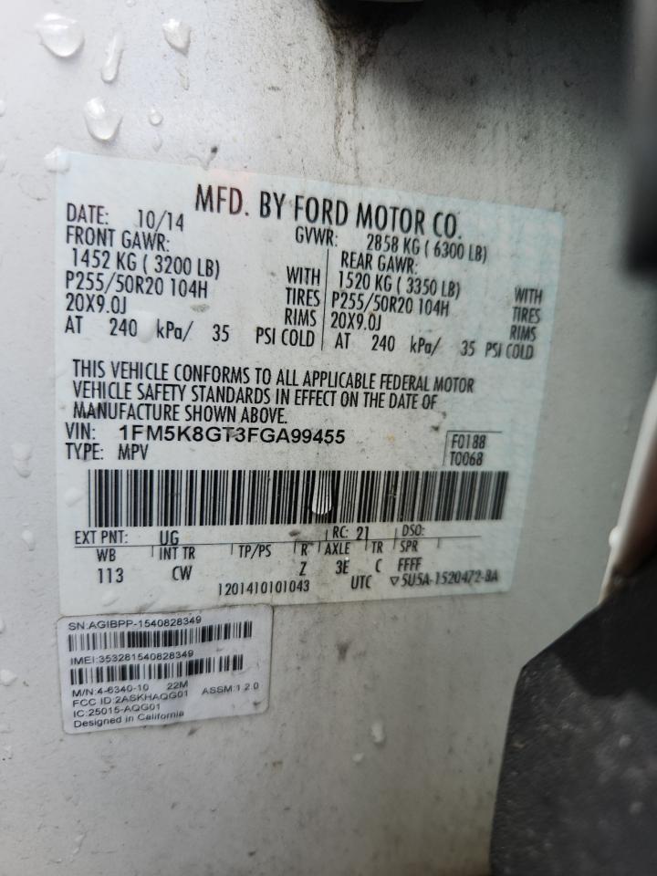 2015 Ford Explorer Sport VIN: 1FM5K8GT3FGA99455 Lot: 64680525