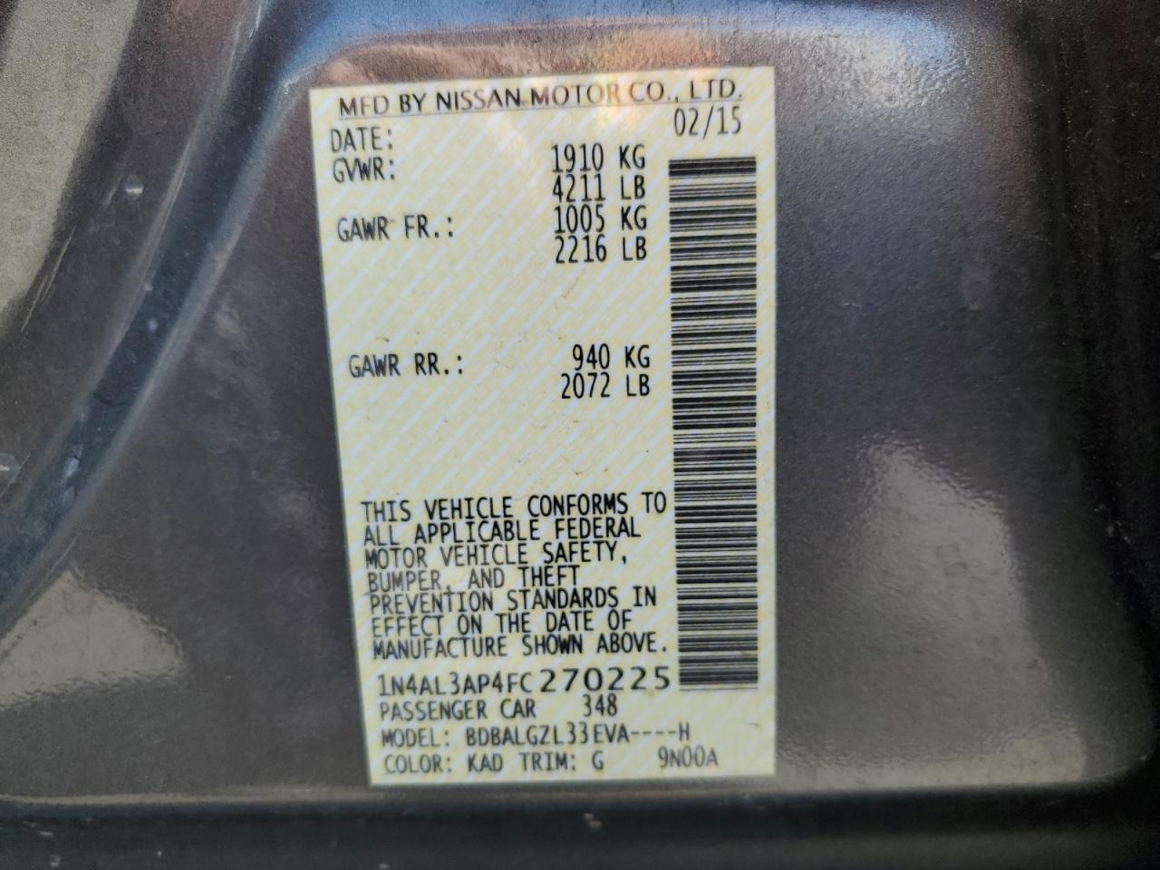 2015 Nissan Altima 2.5 VIN: 1N4AL3AP4FC270225 Lot: 63074245
