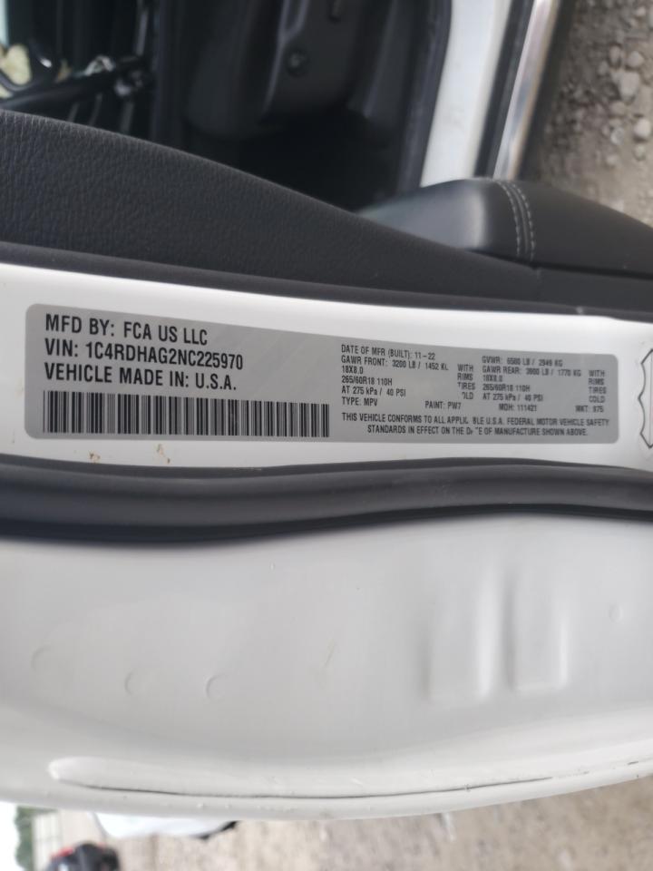 2022 Dodge Durango Sxt VIN: 1C4RDHAG2NC225970 Lot: 63693065
