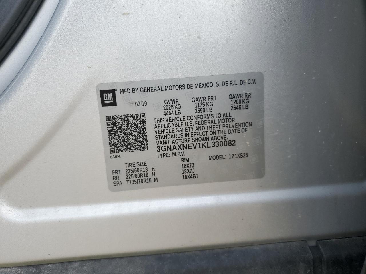 2019 Chevrolet Equinox Premier VIN: 3GNAXNEV1KL330082 Lot: 65527355