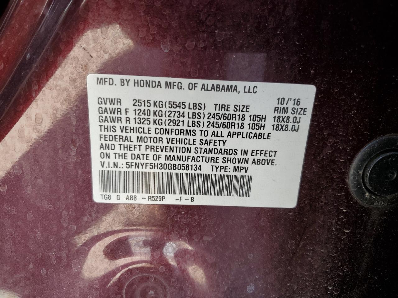 2016 Honda Pilot Ex VIN: 5FNYF5H30GB058134 Lot: 64332385