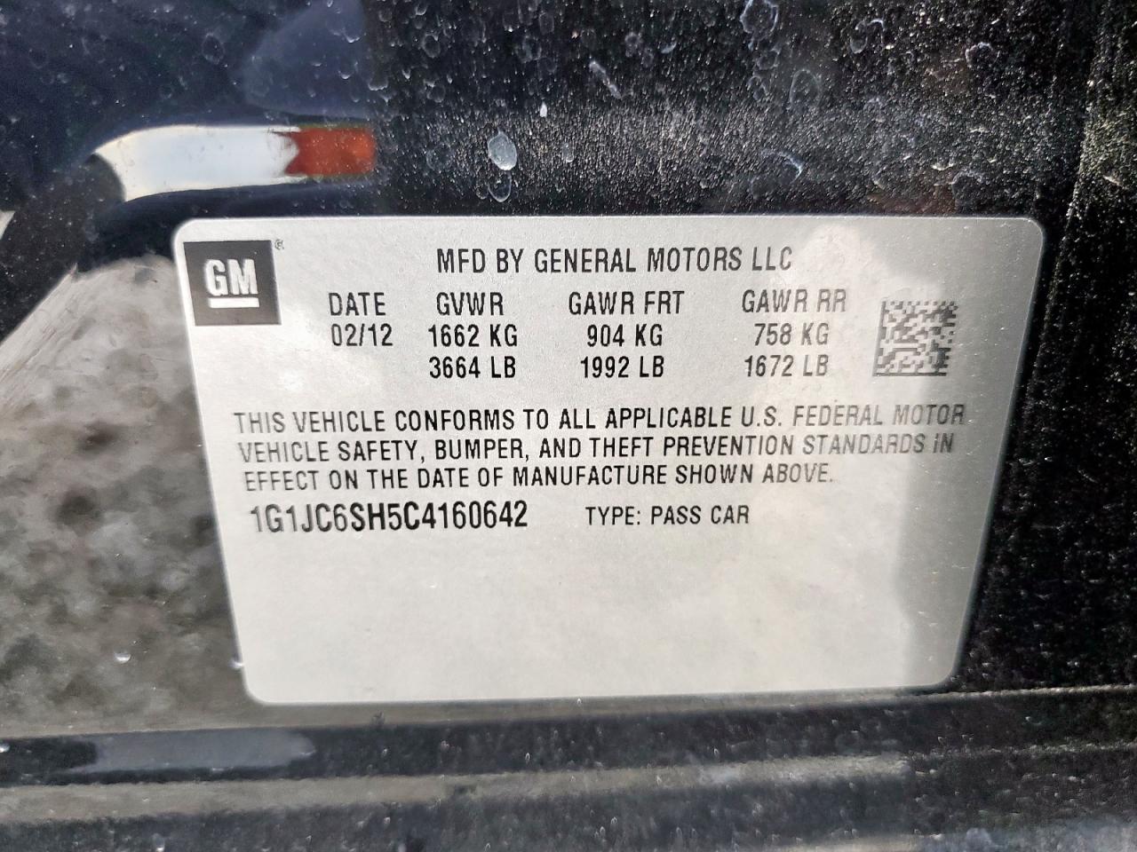 2012 Chevrolet Sonic Lt VIN: 1G1JC6SH5C4160642 Lot: 65966725