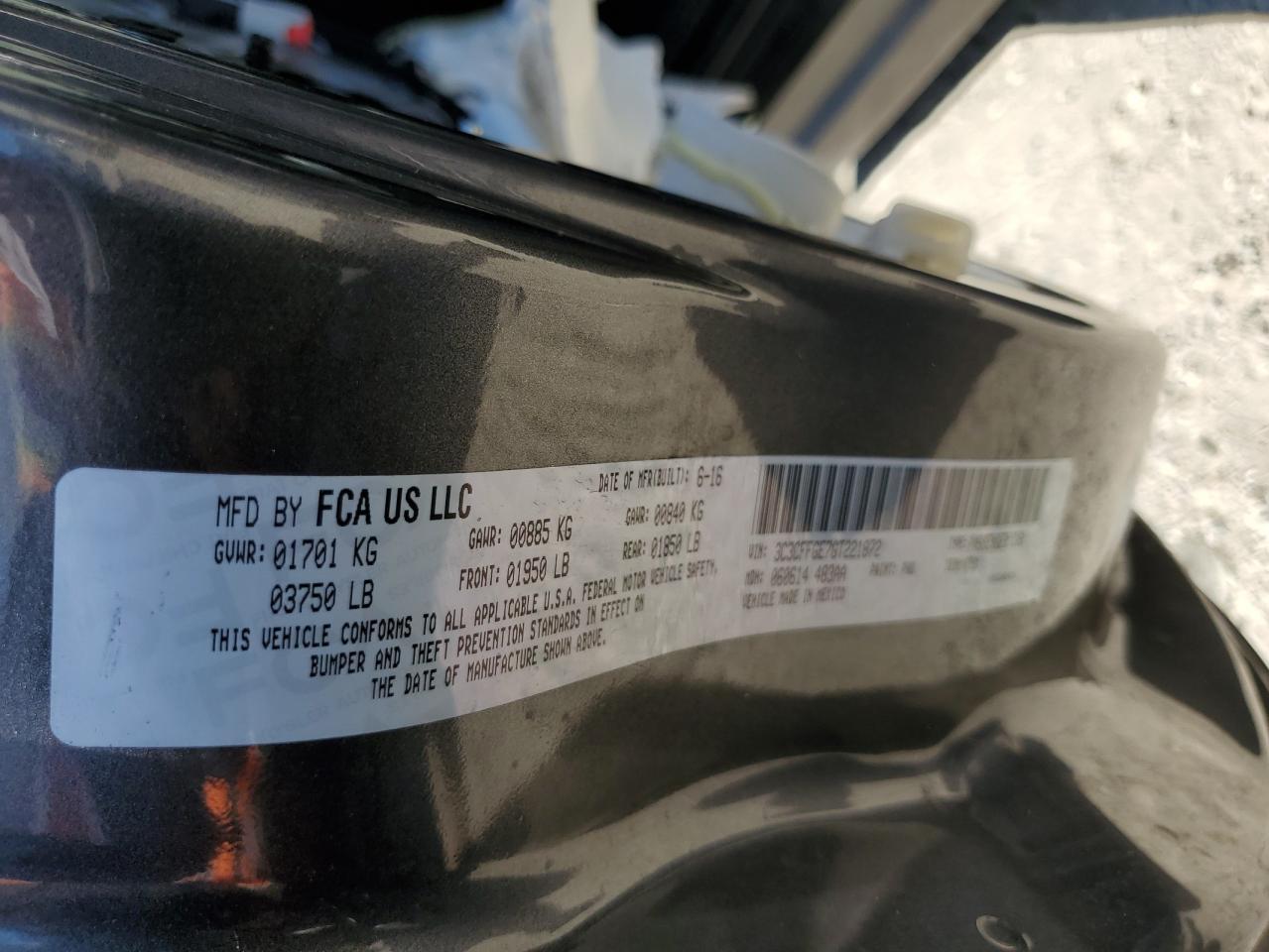 2016 Fiat 500 Electric VIN: 3C3CFFGE7GT221872 Lot: 64211295