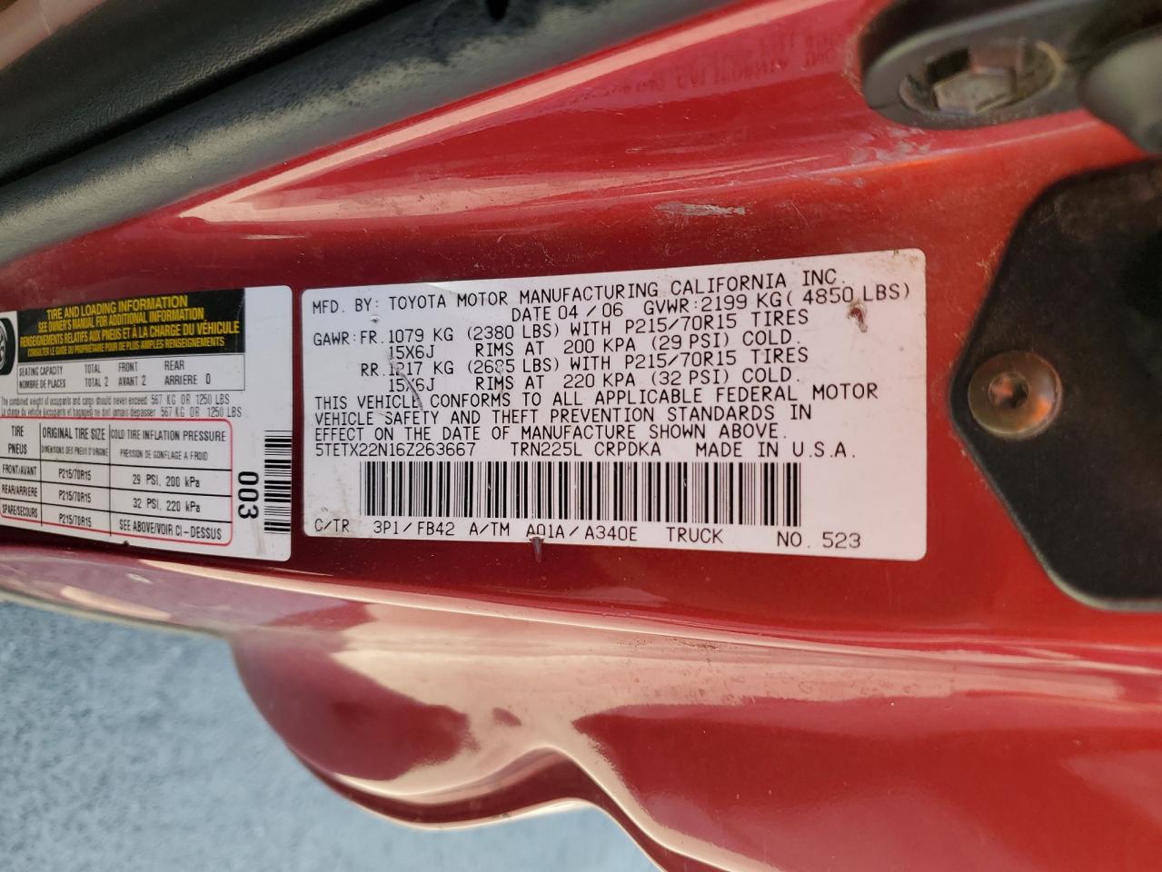 2006 Toyota Tacoma Access Cab VIN: 5TETX22N16Z263667 Lot: 63640375