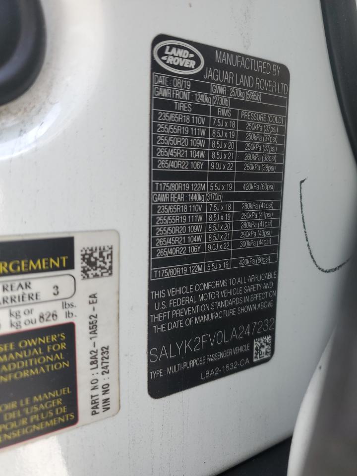 2020 Land Rover Range Rover Velar R-Dynamic S VIN: SALYK2FV0LA247232 Lot: 66855365