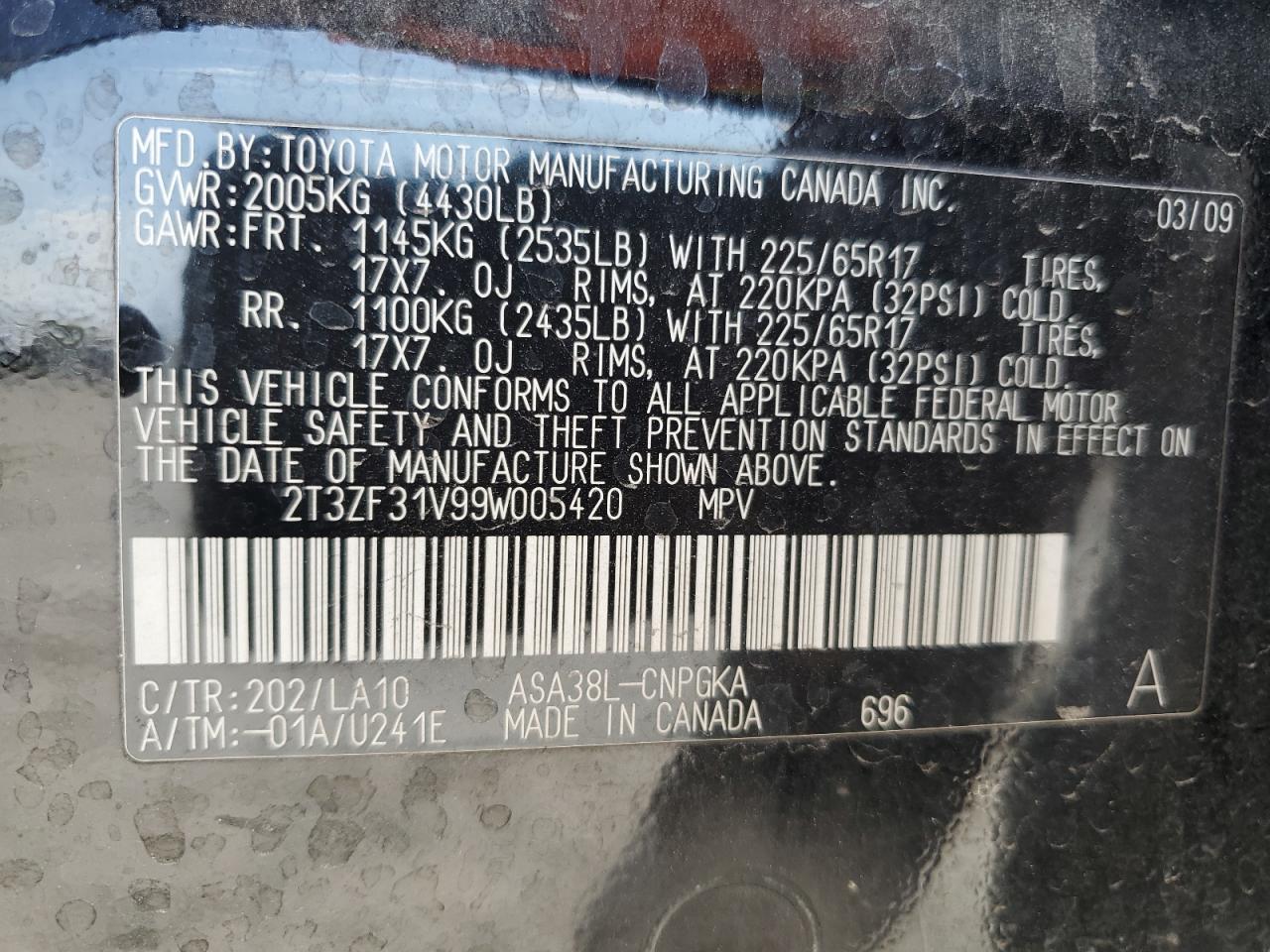 2009 Toyota Rav4 Limited VIN: 2T3ZF31V99W005420 Lot: 65197035