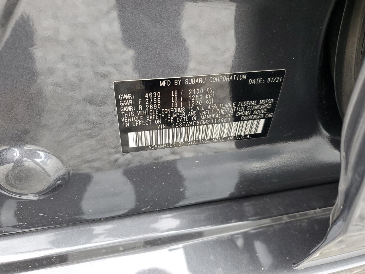 2021 Subaru Legacy Premium VIN: 4S3BWAF65M3013680 Lot: 65056775