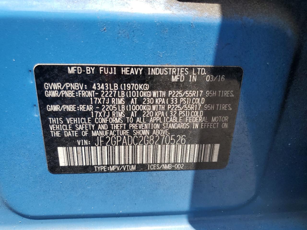 2016 Subaru Crosstrek Premium VIN: JF2GPADC2G8270526 Lot: 65035025