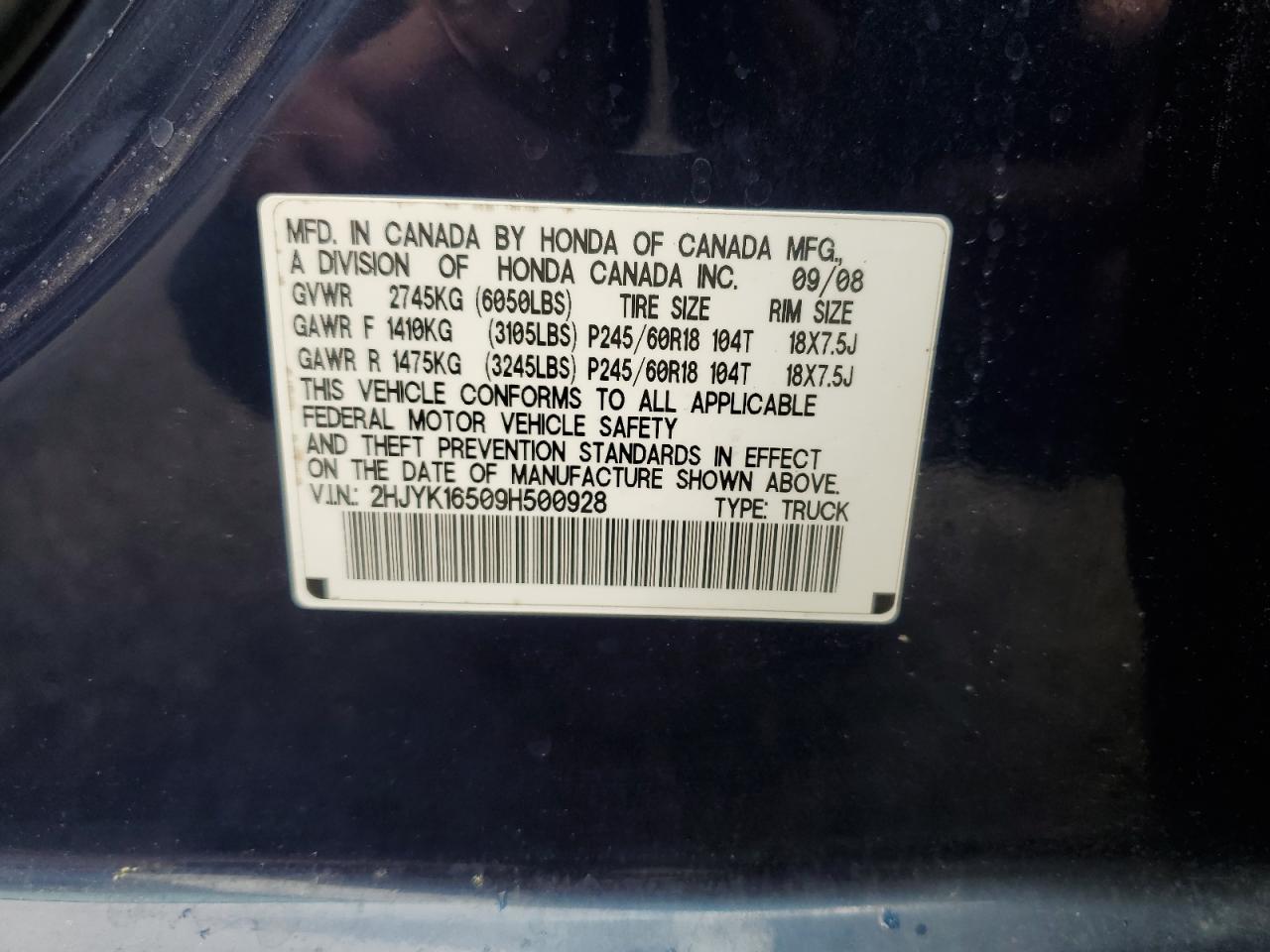 2009 Honda Ridgeline Rtl VIN: 2HJYK16509H500928 Lot: 64584195