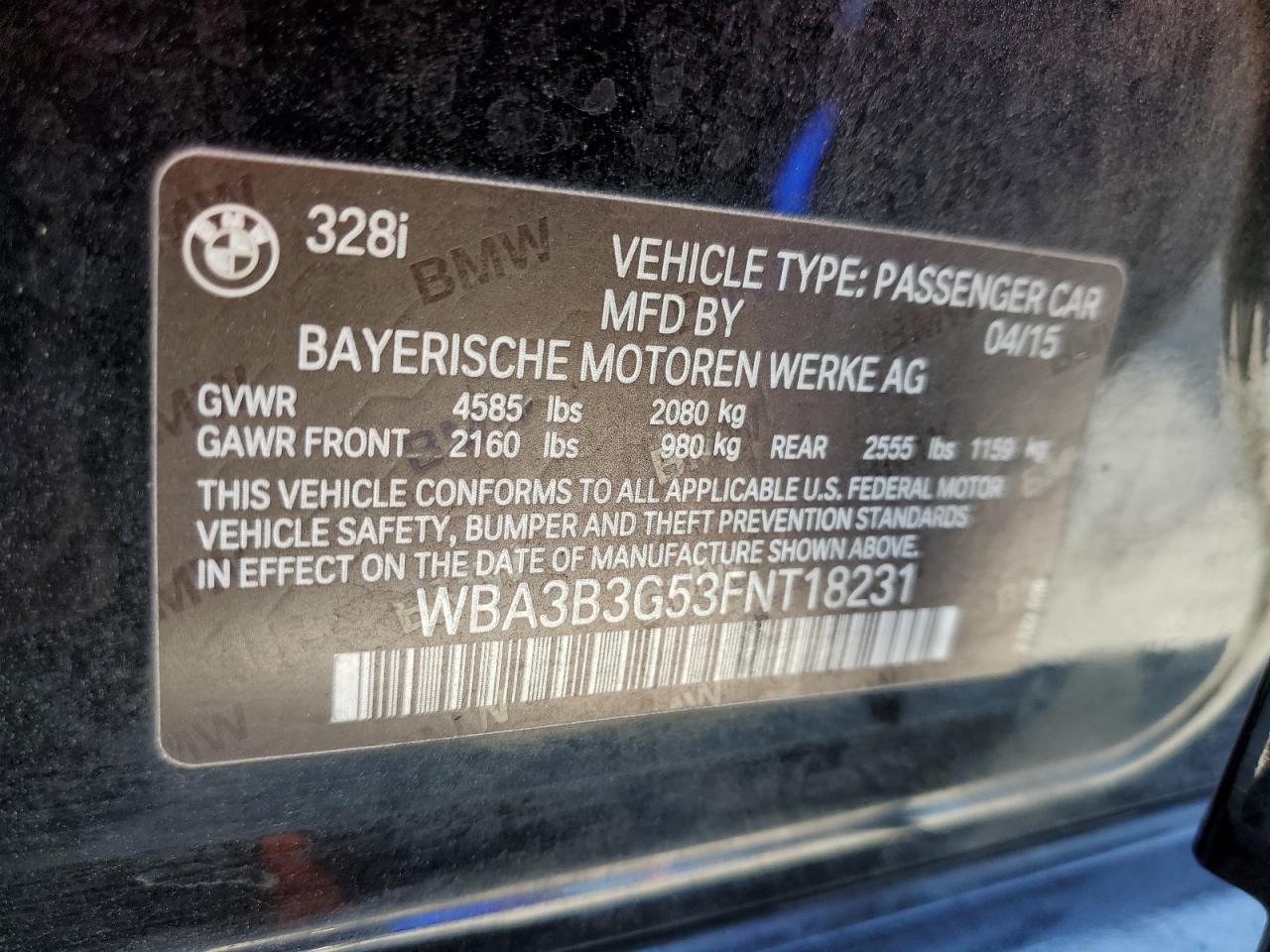2015 BMW 328 Xi VIN: WBA3B3G53FNT18231 Lot: 65150265