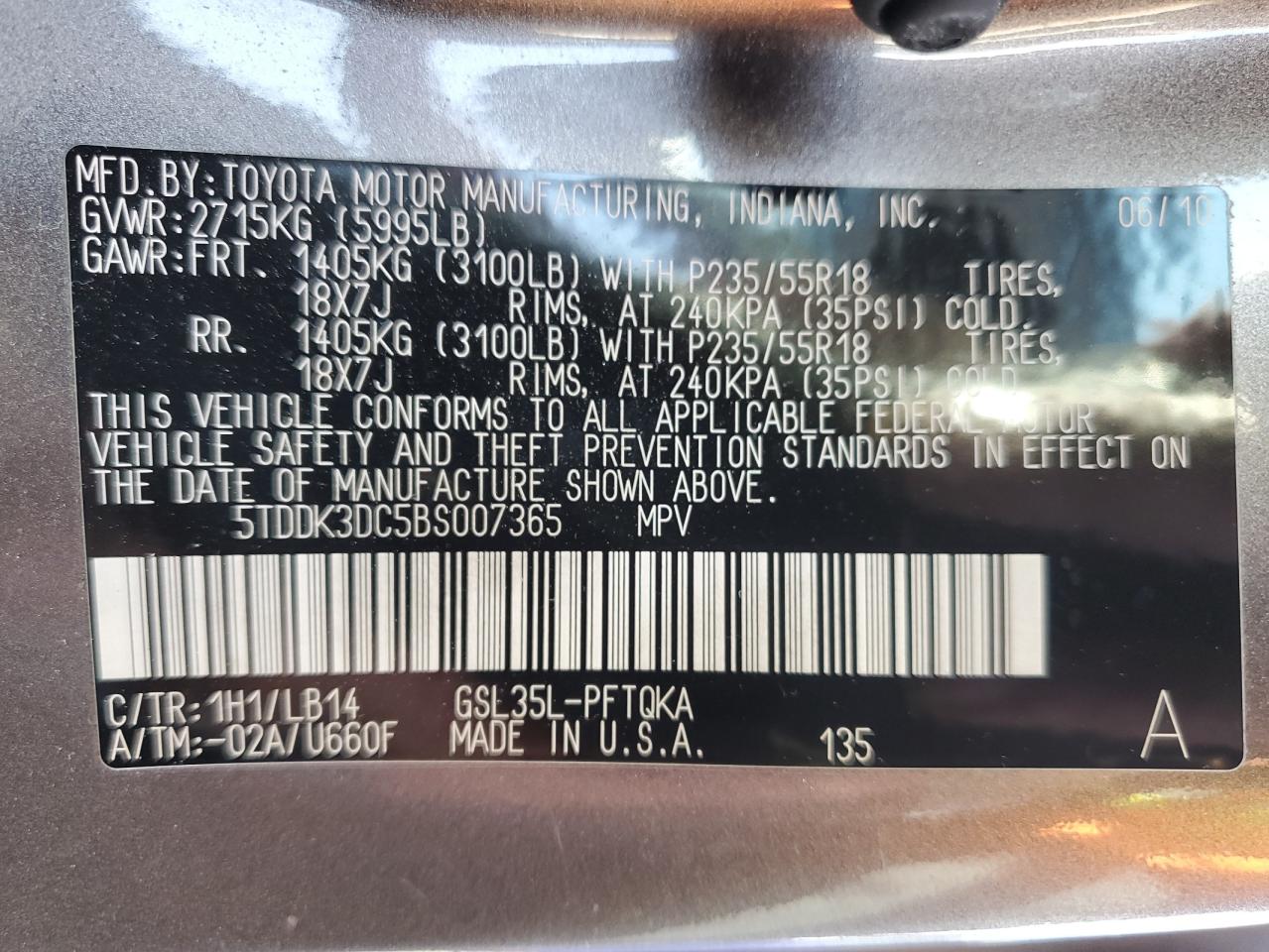 5tddk3dc5bs007365 5TDDK3DC5BS007365 2011 Toyota Sienna Xle