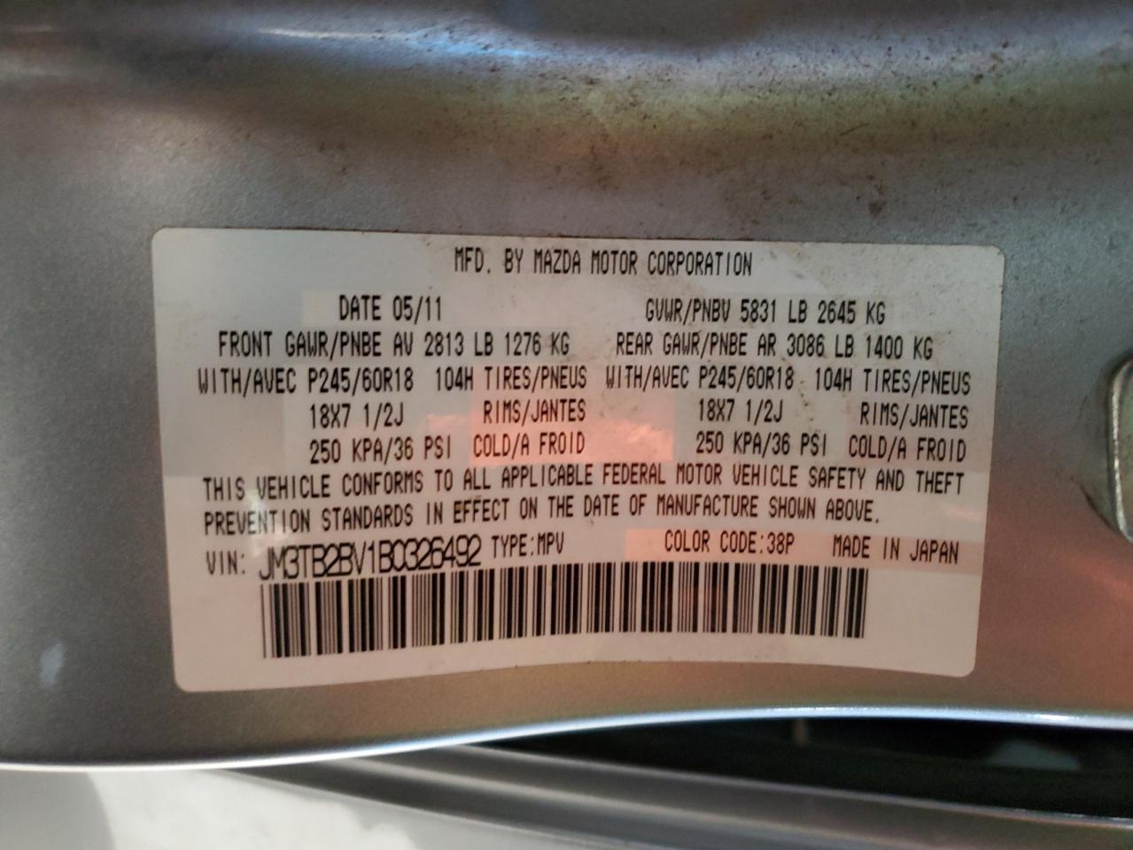 2011 Mazda Cx-9 VIN: JM3TB2BV1B0326492 Lot: 65047475