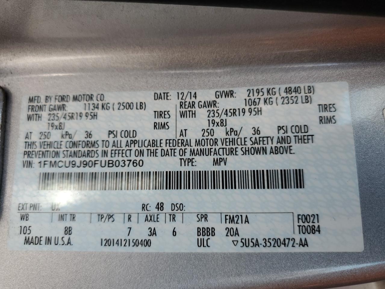 2015 Ford Escape Titanium VIN: 1FMCU9J90FUB03760 Lot: 64854755