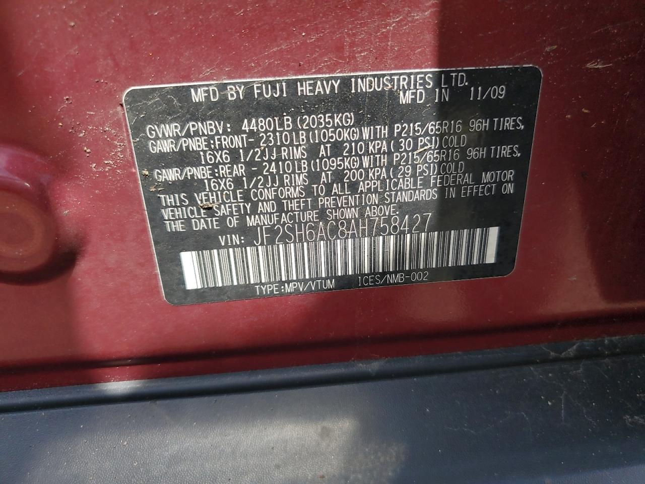 2010 Subaru Forester 2.5X VIN: JF2SH6AC8AH758427 Lot: 65179725