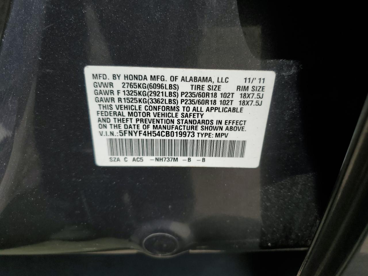 2012 Honda Pilot Exl VIN: 5FNYF4H54CB019973 Lot: 64614135