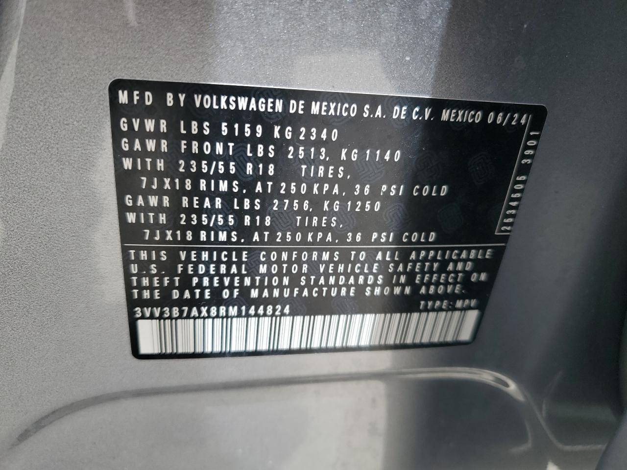 2024 Volkswagen Tiguan Se VIN: 3VV3B7AX8RM144824 Lot: 64631655
