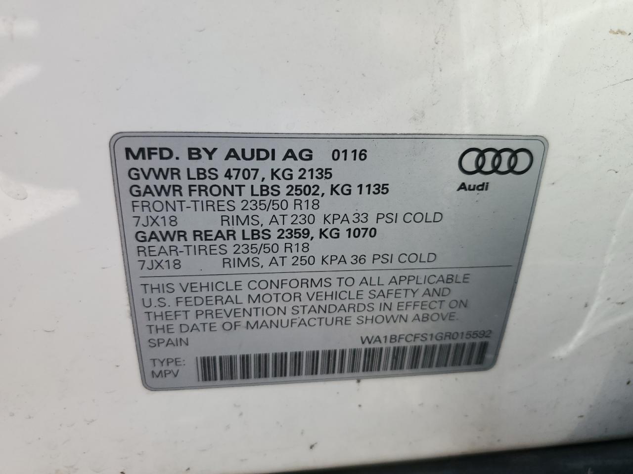 2016 Audi Q3 Premium Plus VIN: WA1BFCFS1GR015592 Lot: 63296805